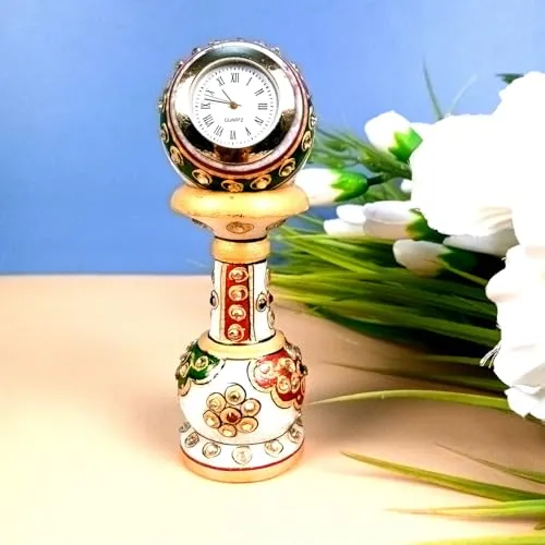 Apka Mart The Online Shop Marble Pillar Clock/Watch with Meenakari Work - Detachable Globe Design Clock - for Home, Living Room, Study Table, Desk, Office Decor & Gifts - 6 Inch