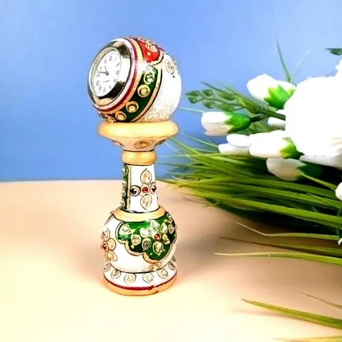 Apka Mart The Online Shop Marble Pillar Clock/Watch with Meenakari Work - Detachable Globe Design Clock - for Home, Living Room, Study Table, Desk, Office Decor & Gifts - 6 Inch