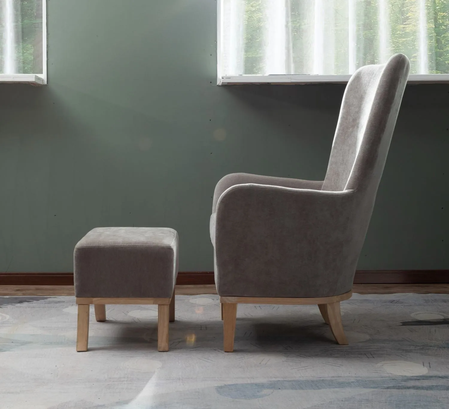 Ashen Chair and Footstool Light Grey