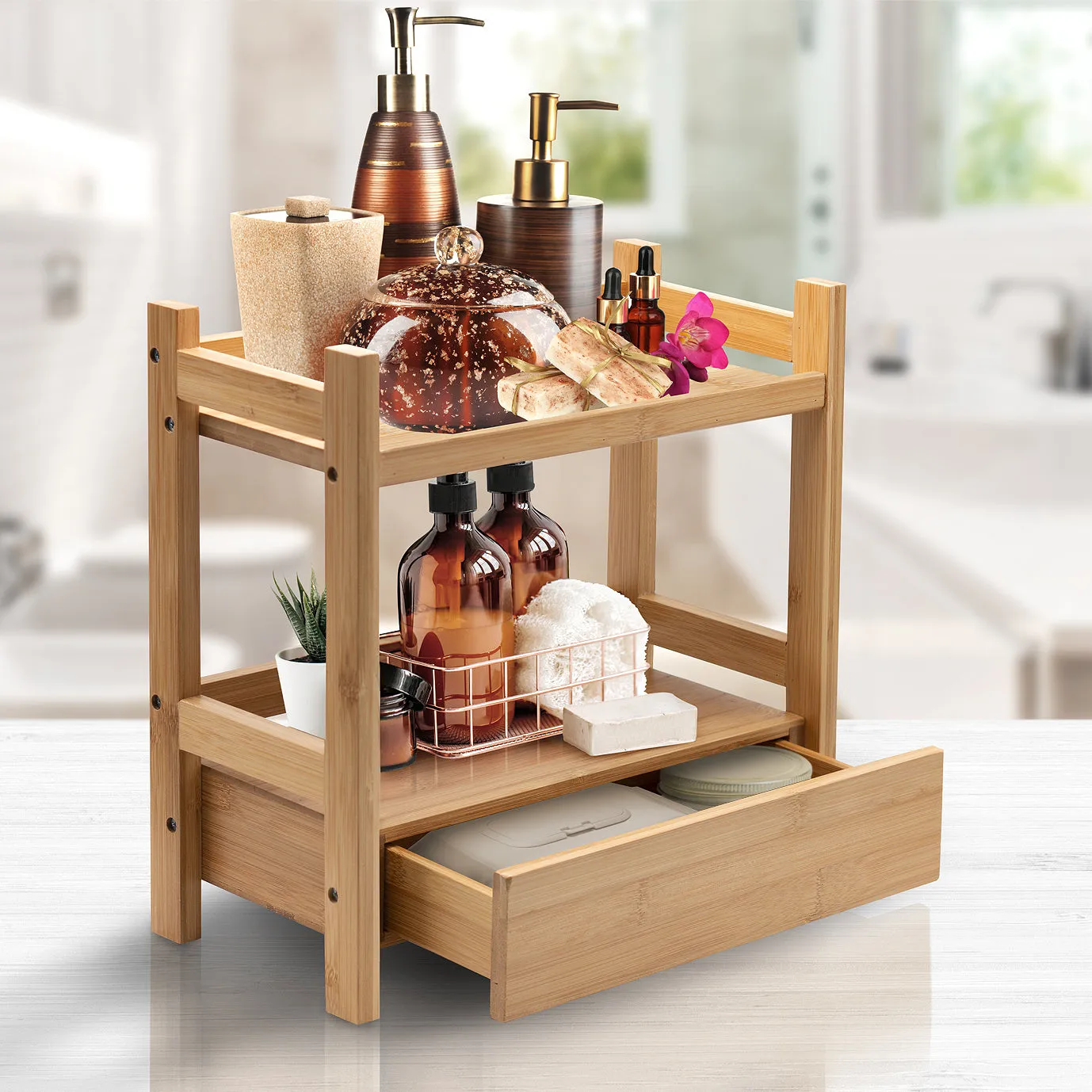 Bamboo Countertop Shelf with Drawer (2 Tier)