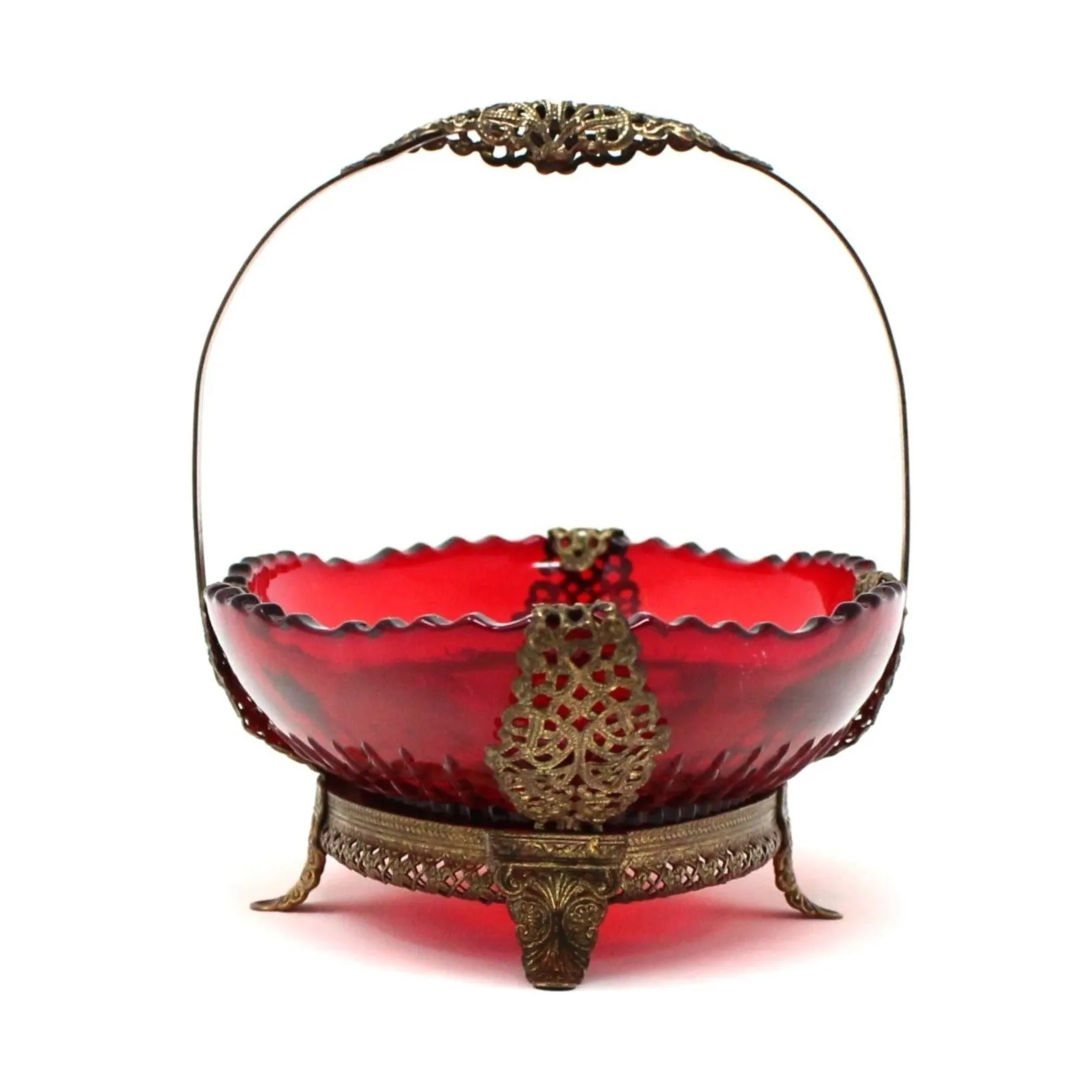 Basket, Imperial Glass, Pillar Flute Ruby Red Glass with Metal Frame & Handle, Vintage