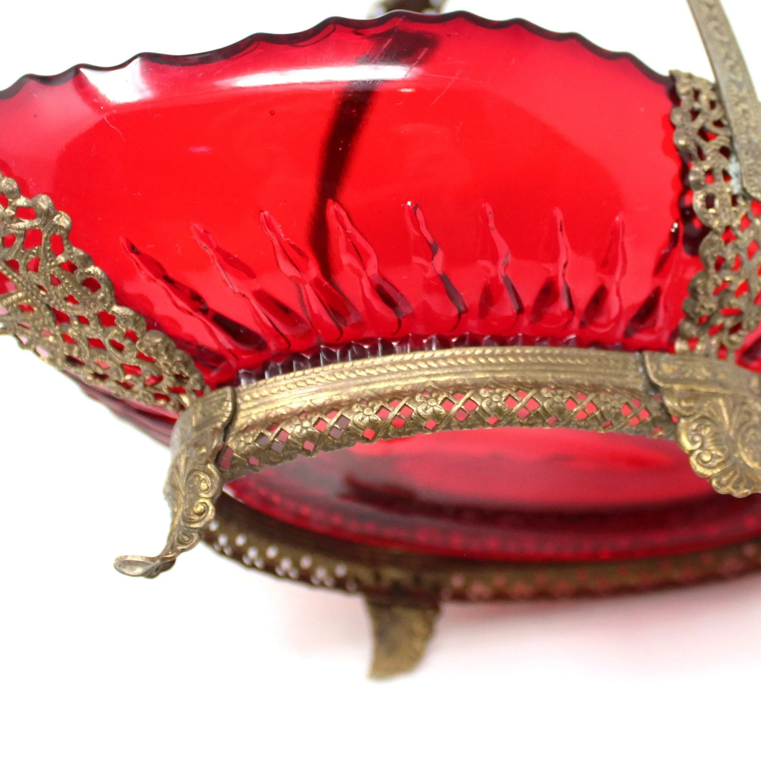 Basket, Imperial Glass, Pillar Flute Ruby Red Glass with Metal Frame & Handle, Vintage