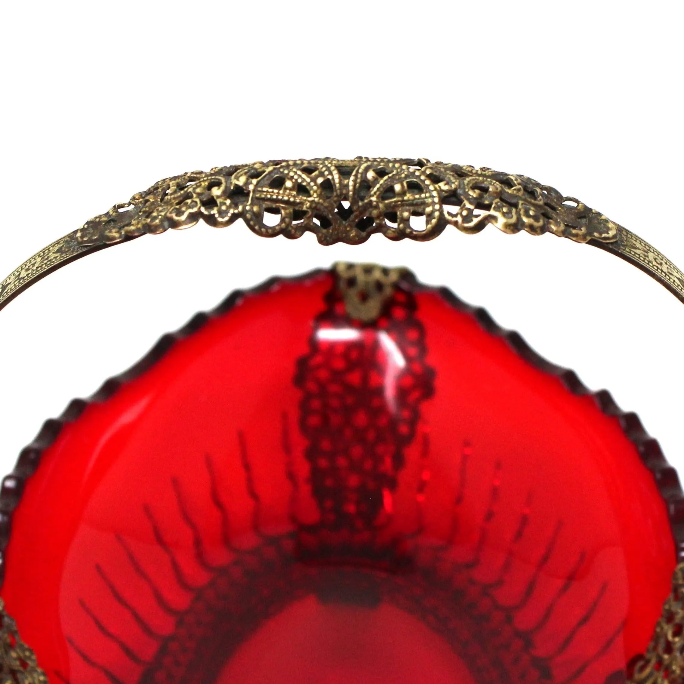 Basket, Imperial Glass, Pillar Flute Ruby Red Glass with Metal Frame & Handle, Vintage