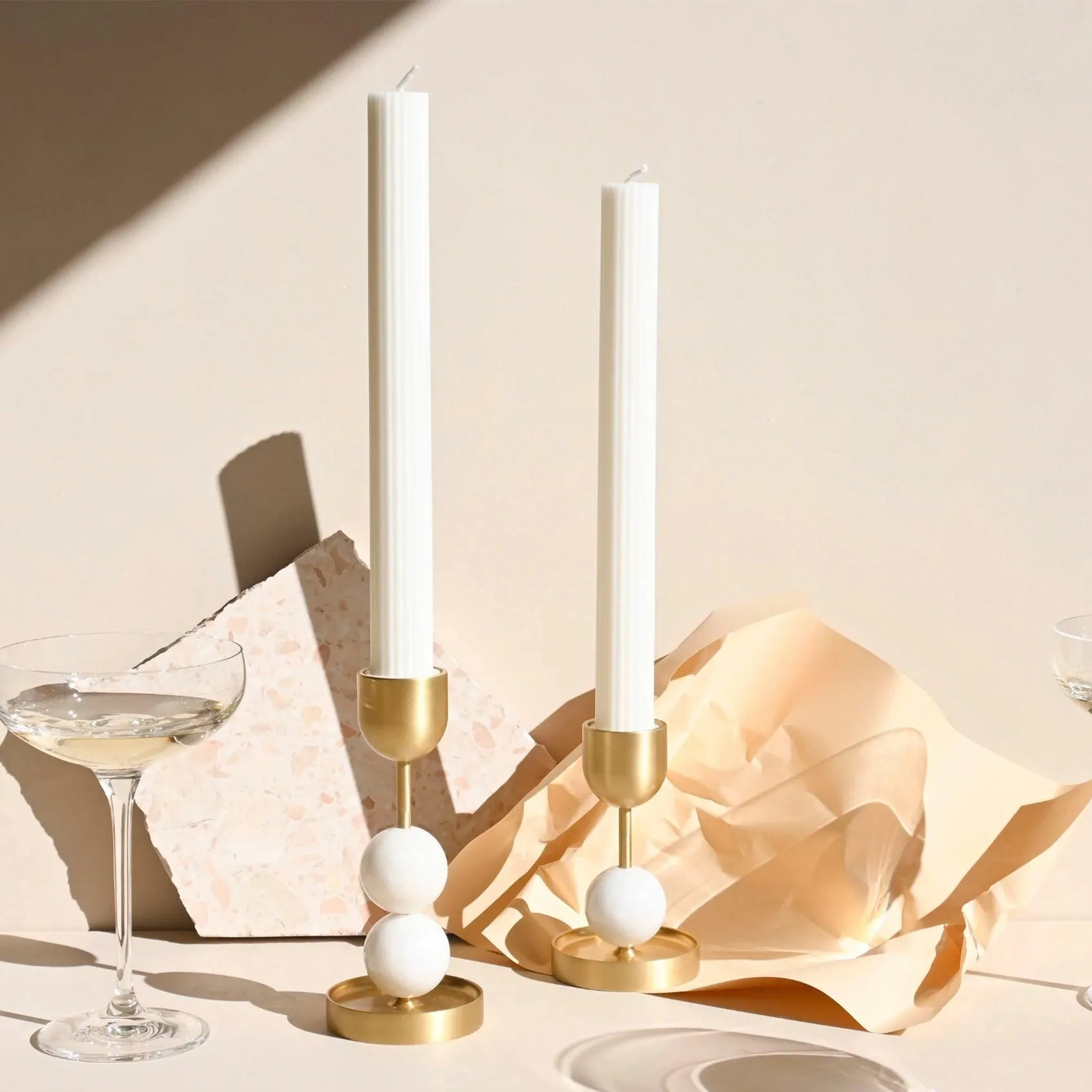 Beaded Fountain Brass Candle Holder | White Large
