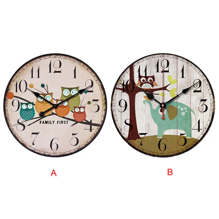 Best Deal New European Style Vintage Creative Forest Owl Round Wood Wall Clock Quartz Bracket Clock 1PC