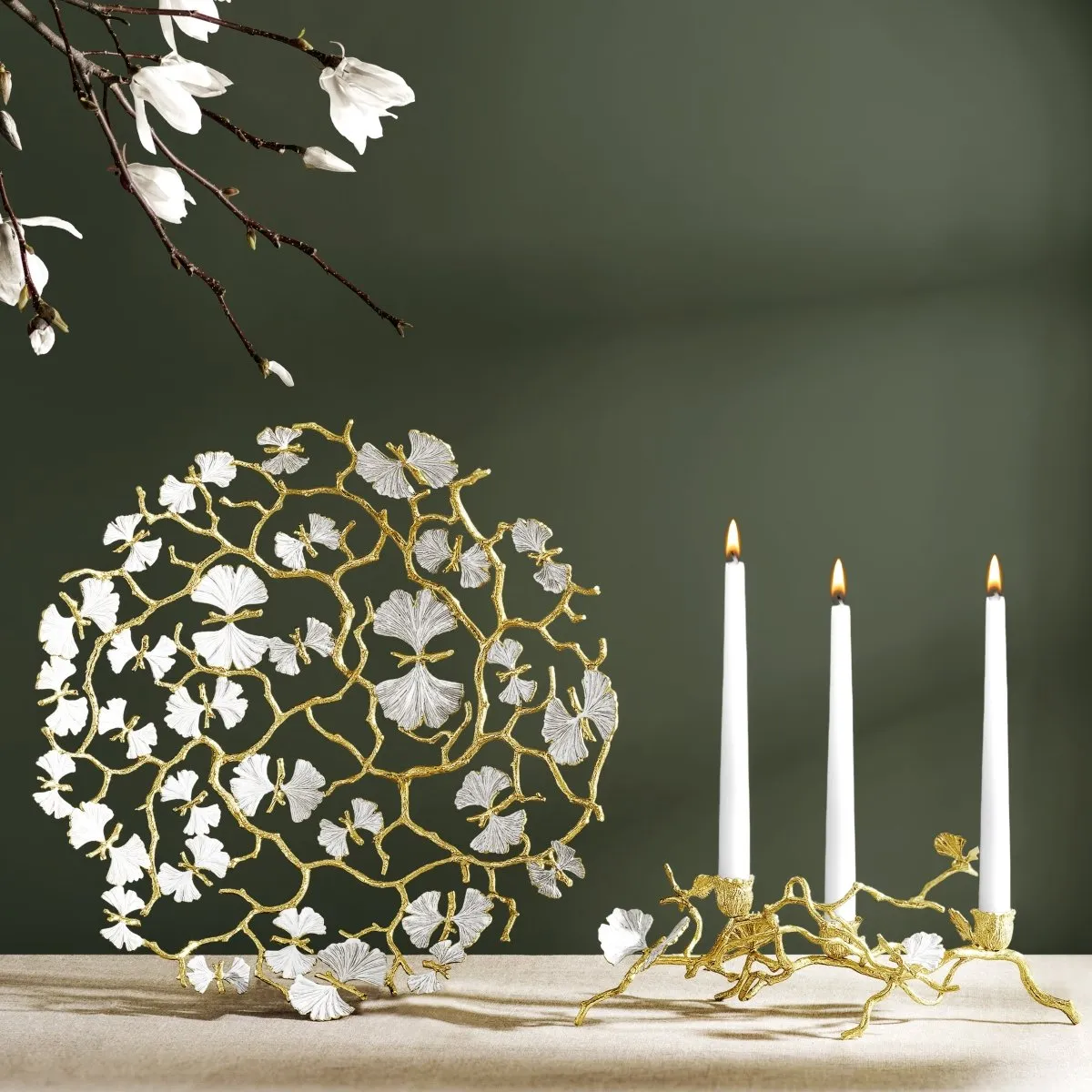 Butterfly Ginkgo Gold Low Candleholders