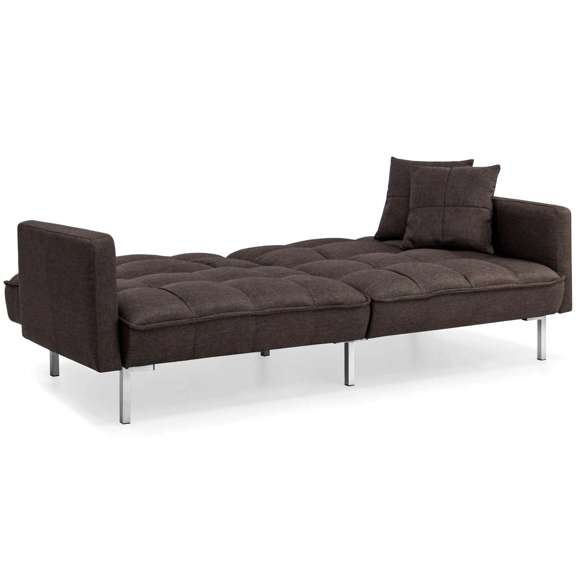 Convertible Linen Tufted Futon w/ 2 Plush Pillows, Split-Back Design