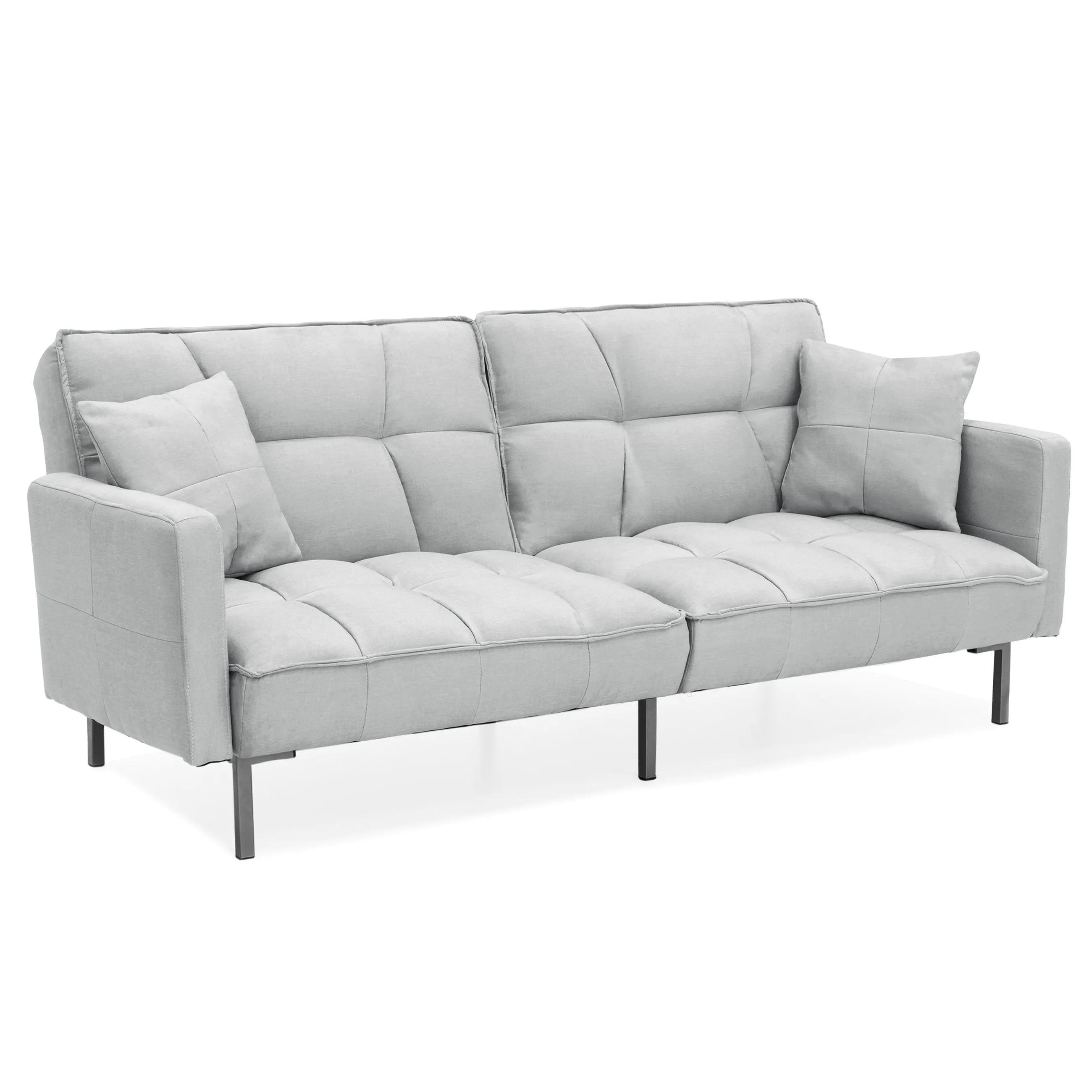 Convertible Linen Tufted Futon w/ 2 Plush Pillows, Split-Back Design
