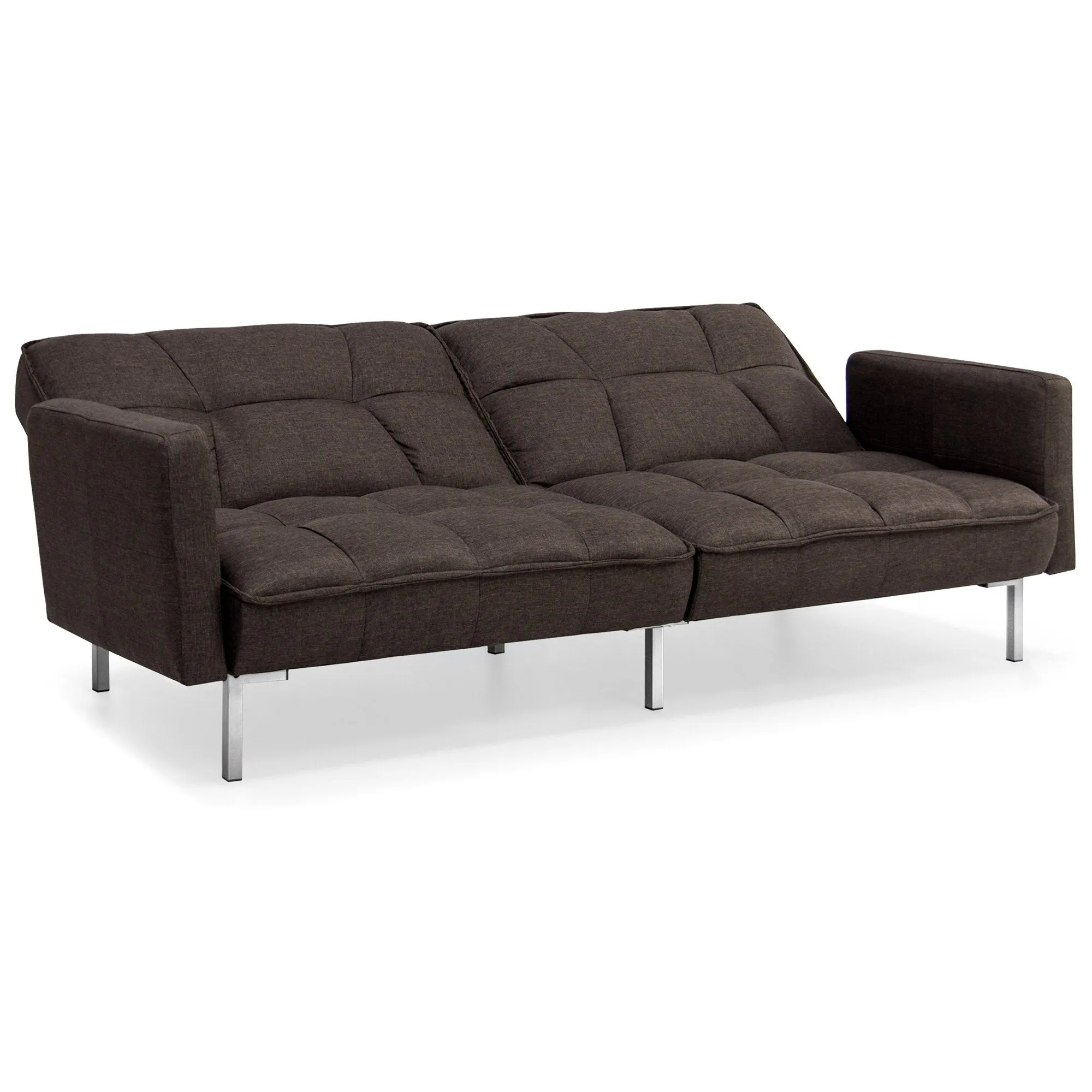 Convertible Linen Tufted Futon w/ 2 Plush Pillows, Split-Back Design