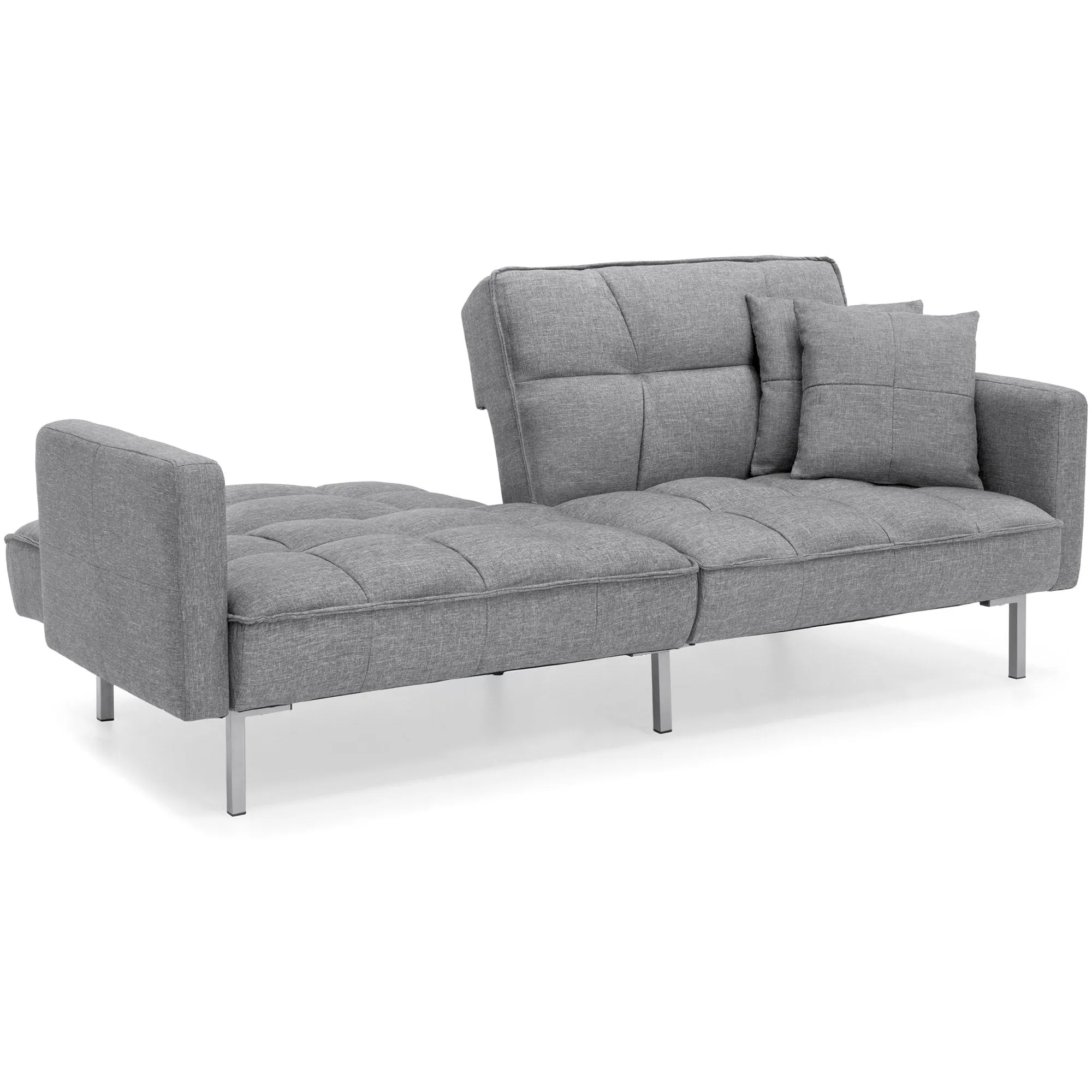 Convertible Linen Tufted Futon w/ 2 Plush Pillows, Split-Back Design