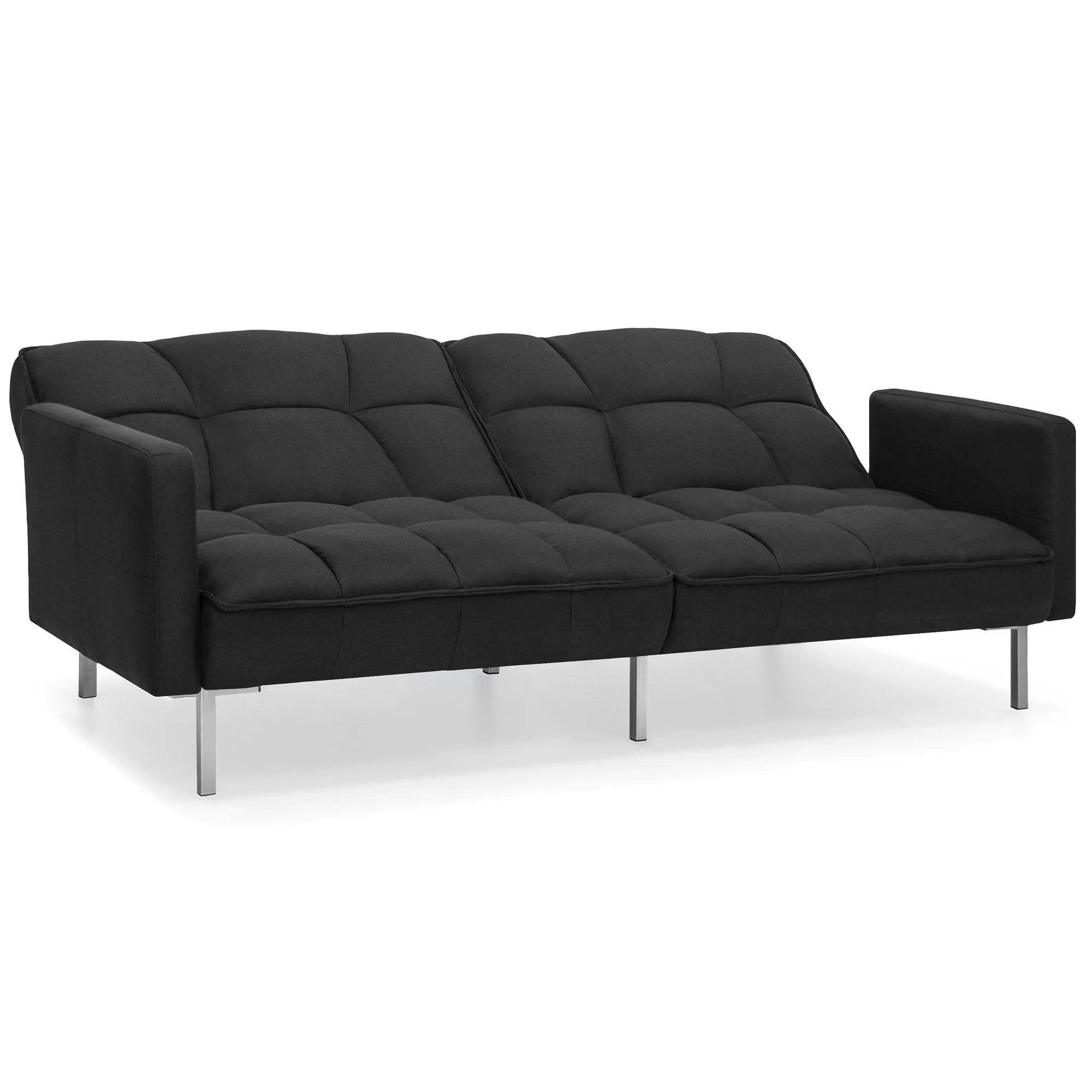 Convertible Linen Tufted Futon w/ 2 Plush Pillows, Split-Back Design