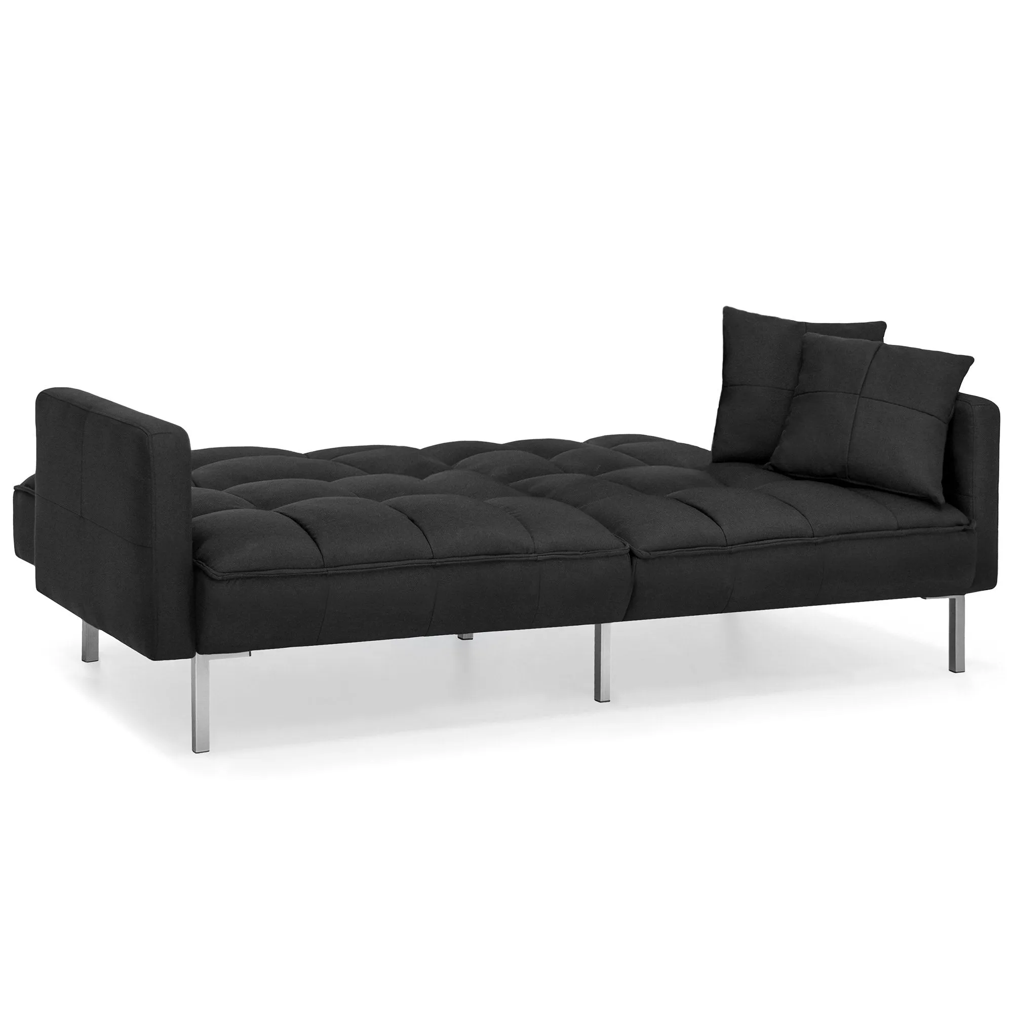 Convertible Linen Tufted Futon w/ 2 Plush Pillows, Split-Back Design