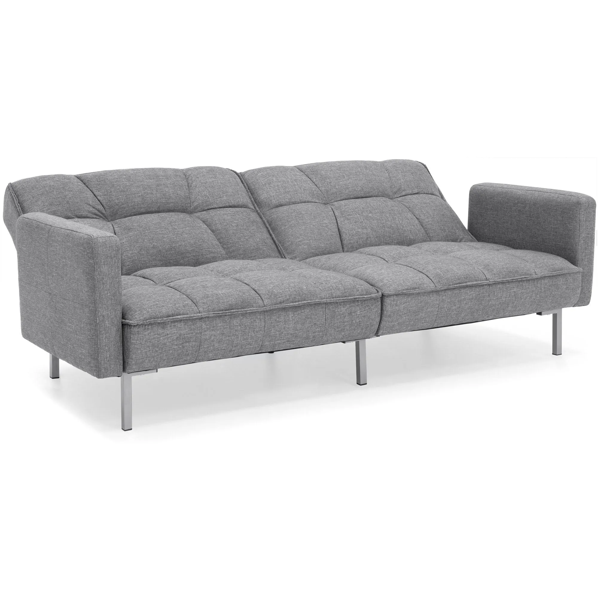 Convertible Linen Tufted Futon w/ 2 Plush Pillows, Split-Back Design