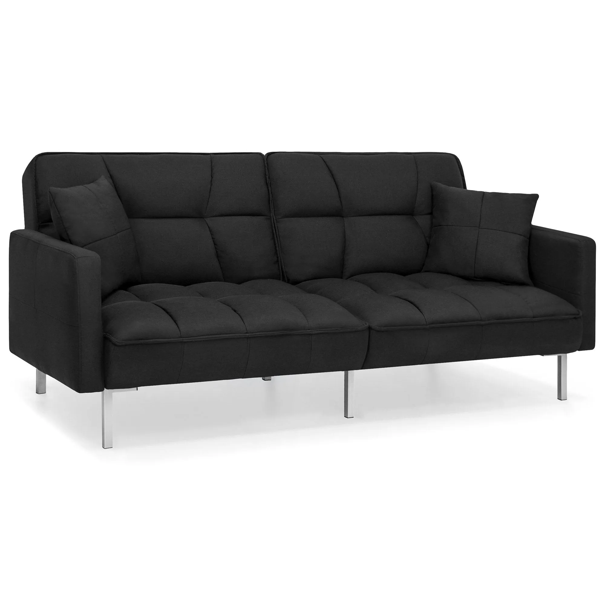 Convertible Linen Tufted Futon w/ 2 Plush Pillows, Split-Back Design
