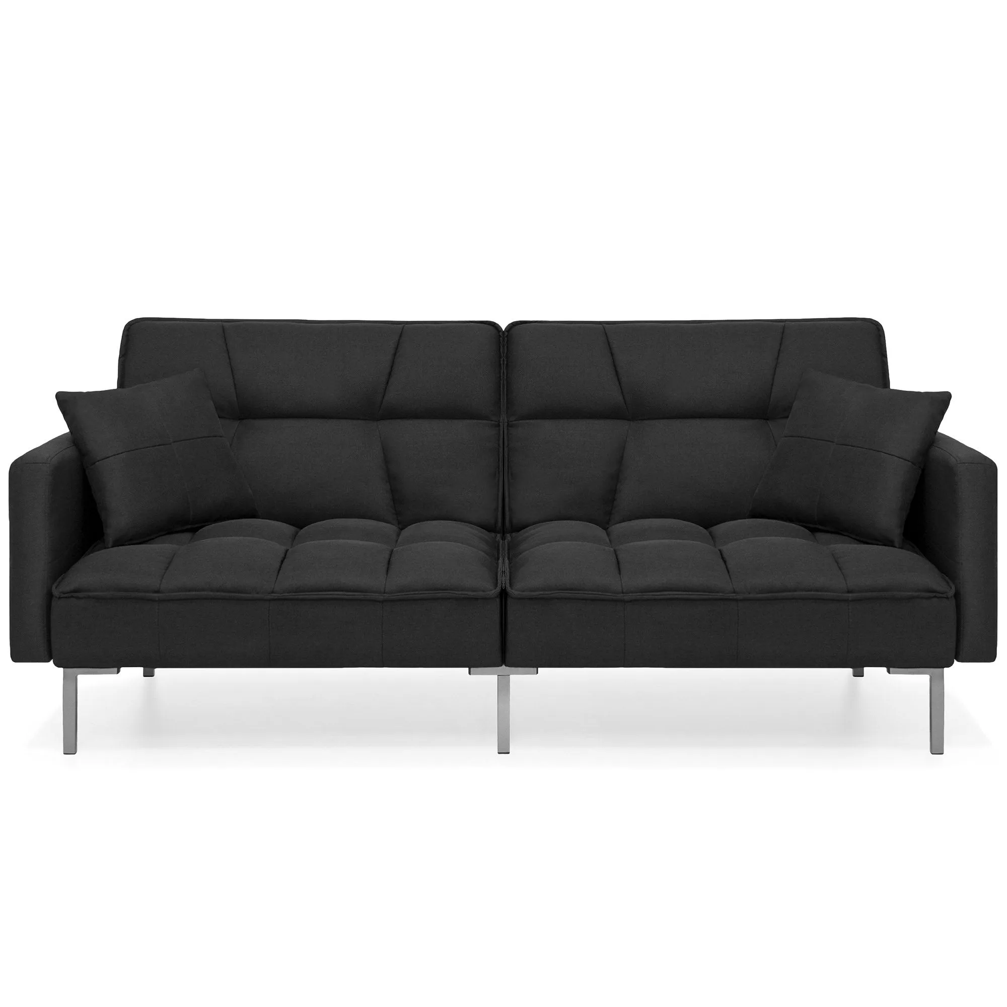 Convertible Linen Tufted Futon w/ 2 Plush Pillows, Split-Back Design
