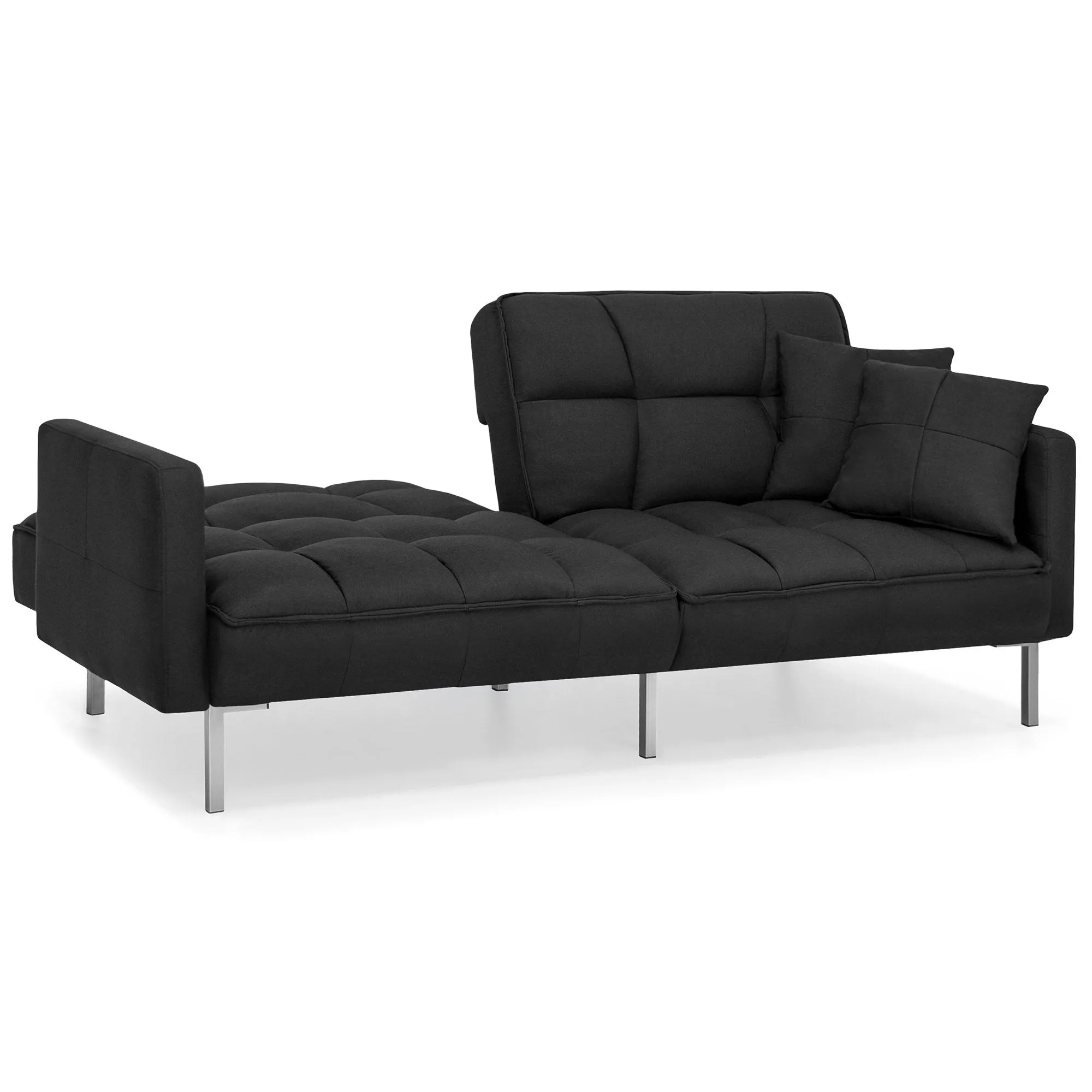 Convertible Linen Tufted Futon w/ 2 Plush Pillows, Split-Back Design