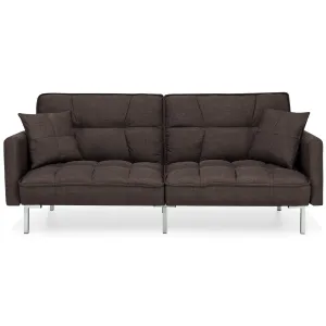Convertible Linen Tufted Futon w/ 2 Plush Pillows, Split-Back Design