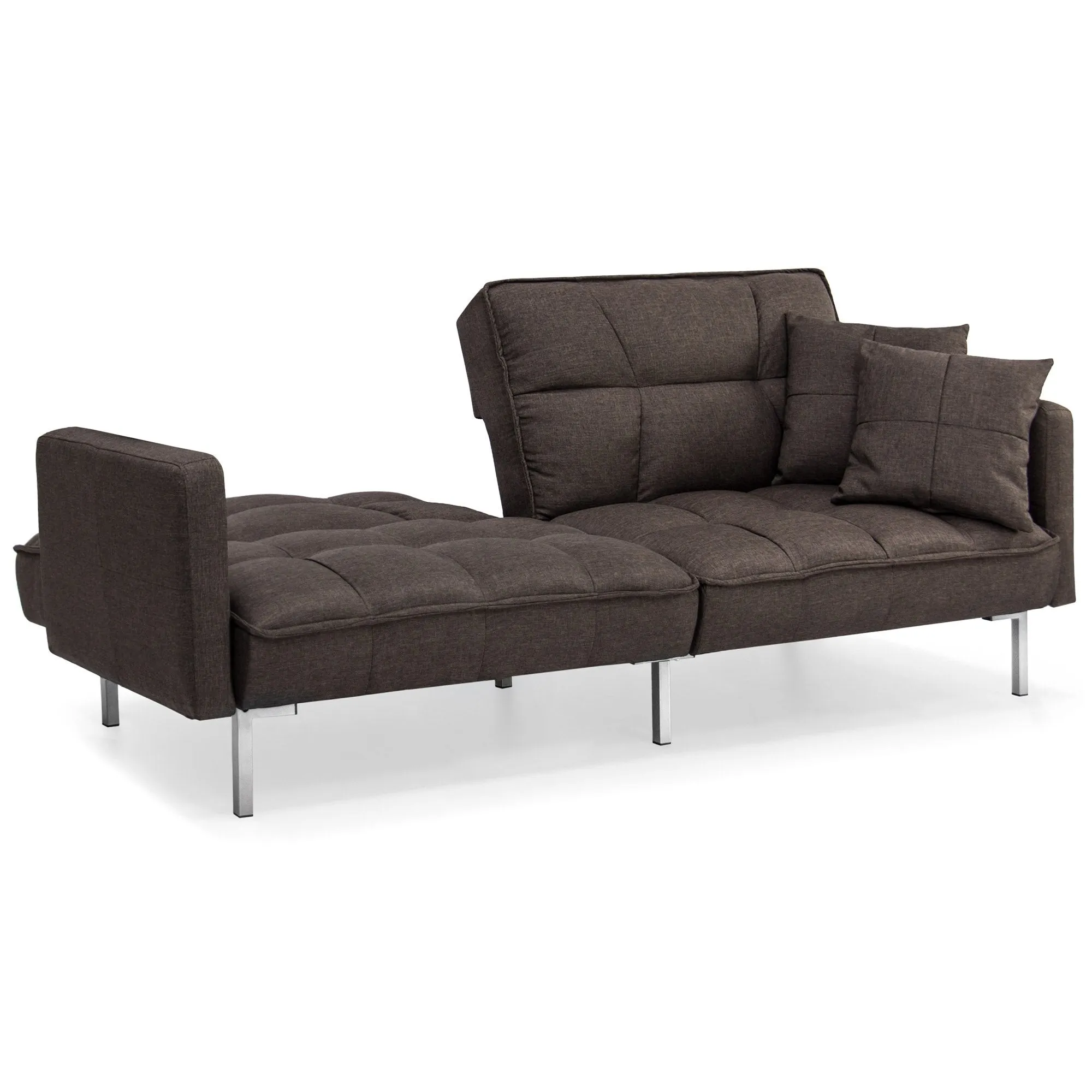 Convertible Linen Tufted Futon w/ 2 Plush Pillows, Split-Back Design