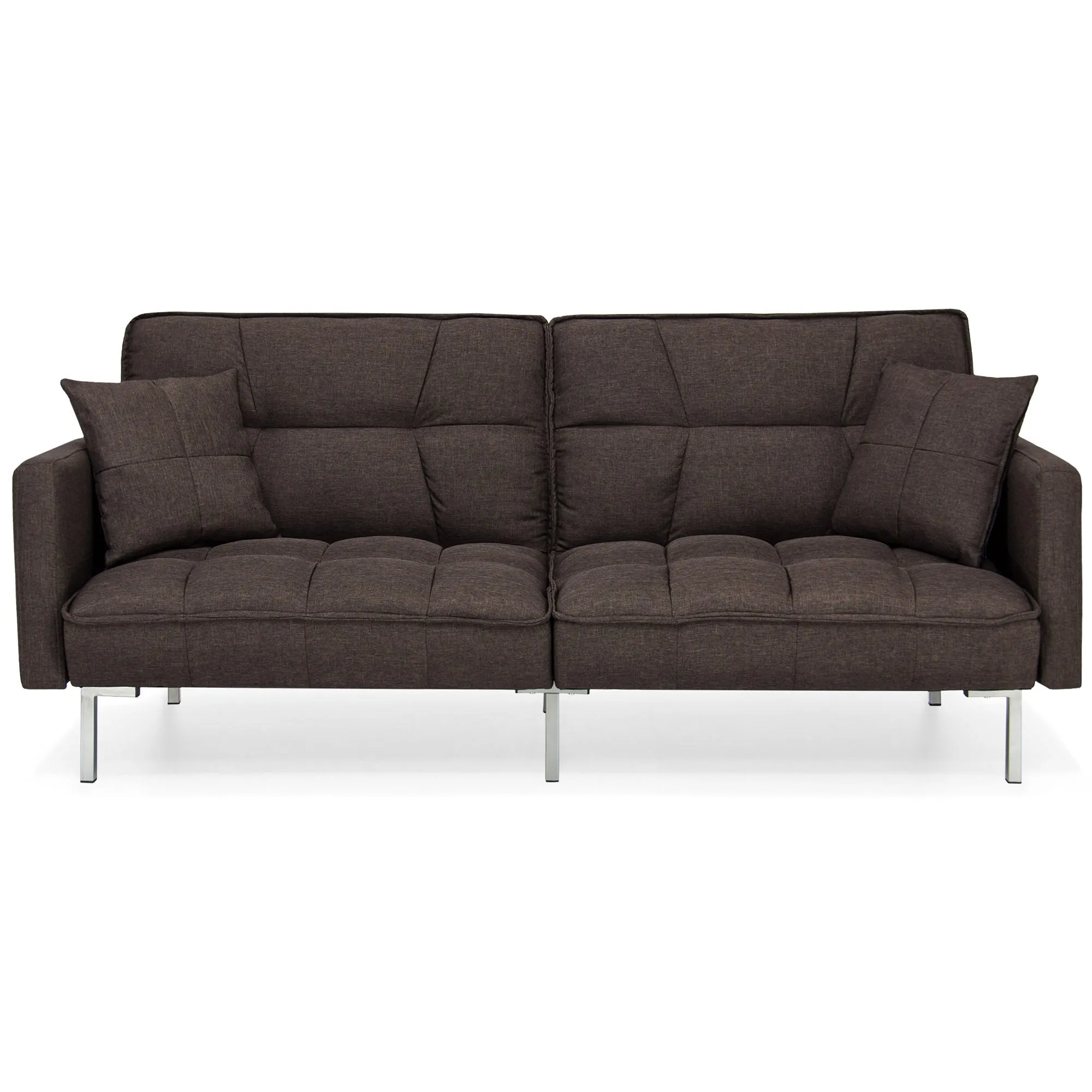 Convertible Linen Tufted Futon w/ 2 Plush Pillows, Split-Back Design