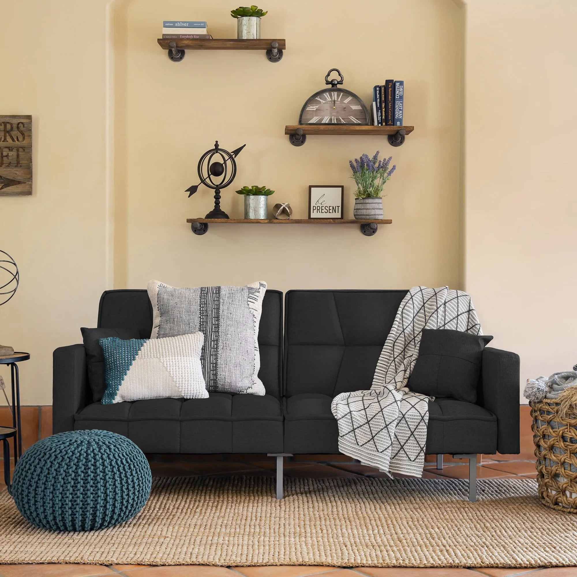 Convertible Linen Tufted Futon w/ 2 Plush Pillows, Split-Back Design