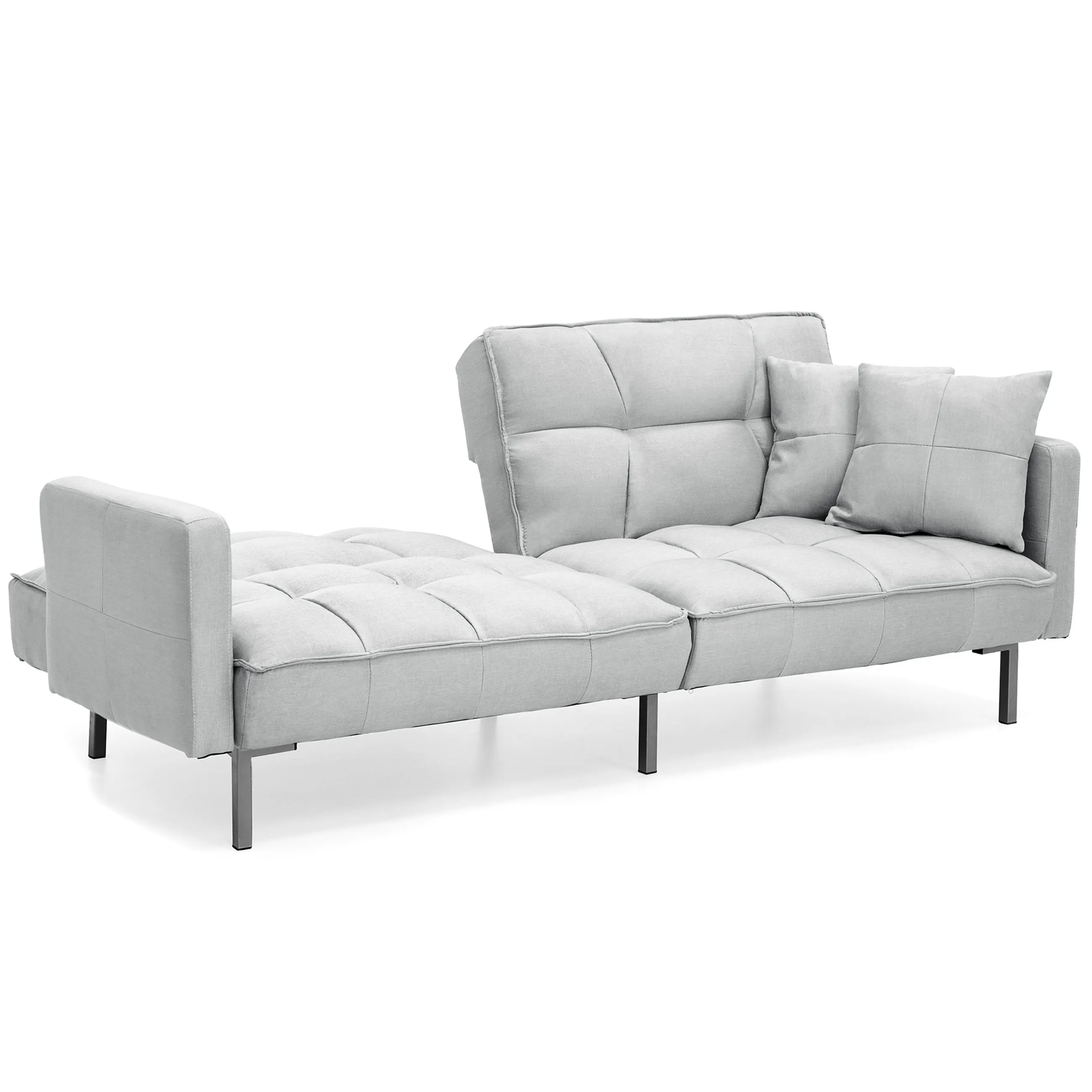Convertible Linen Tufted Futon w/ 2 Plush Pillows, Split-Back Design
