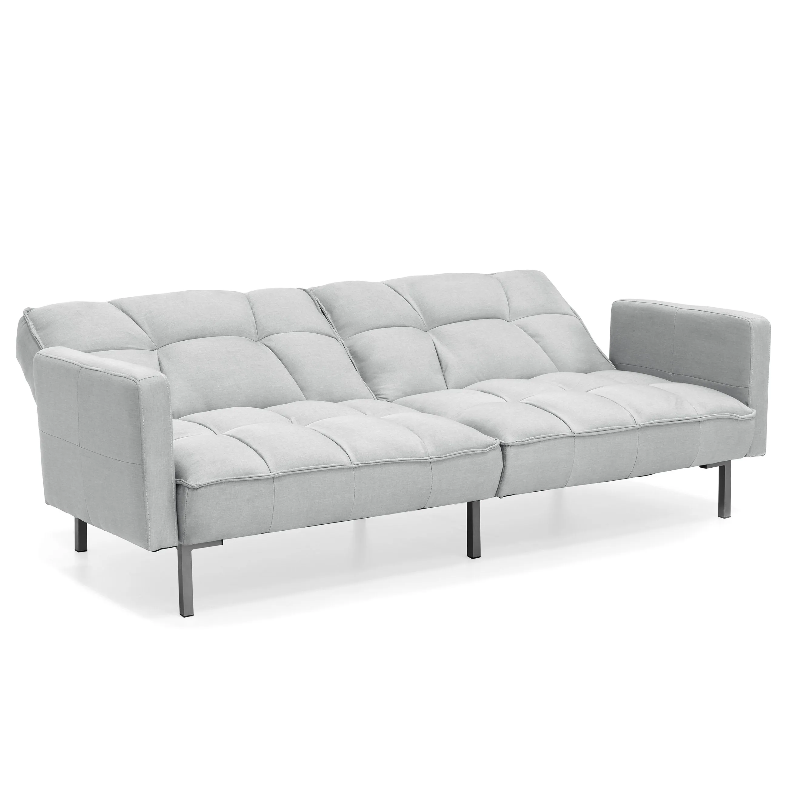 Convertible Linen Tufted Futon w/ 2 Plush Pillows, Split-Back Design