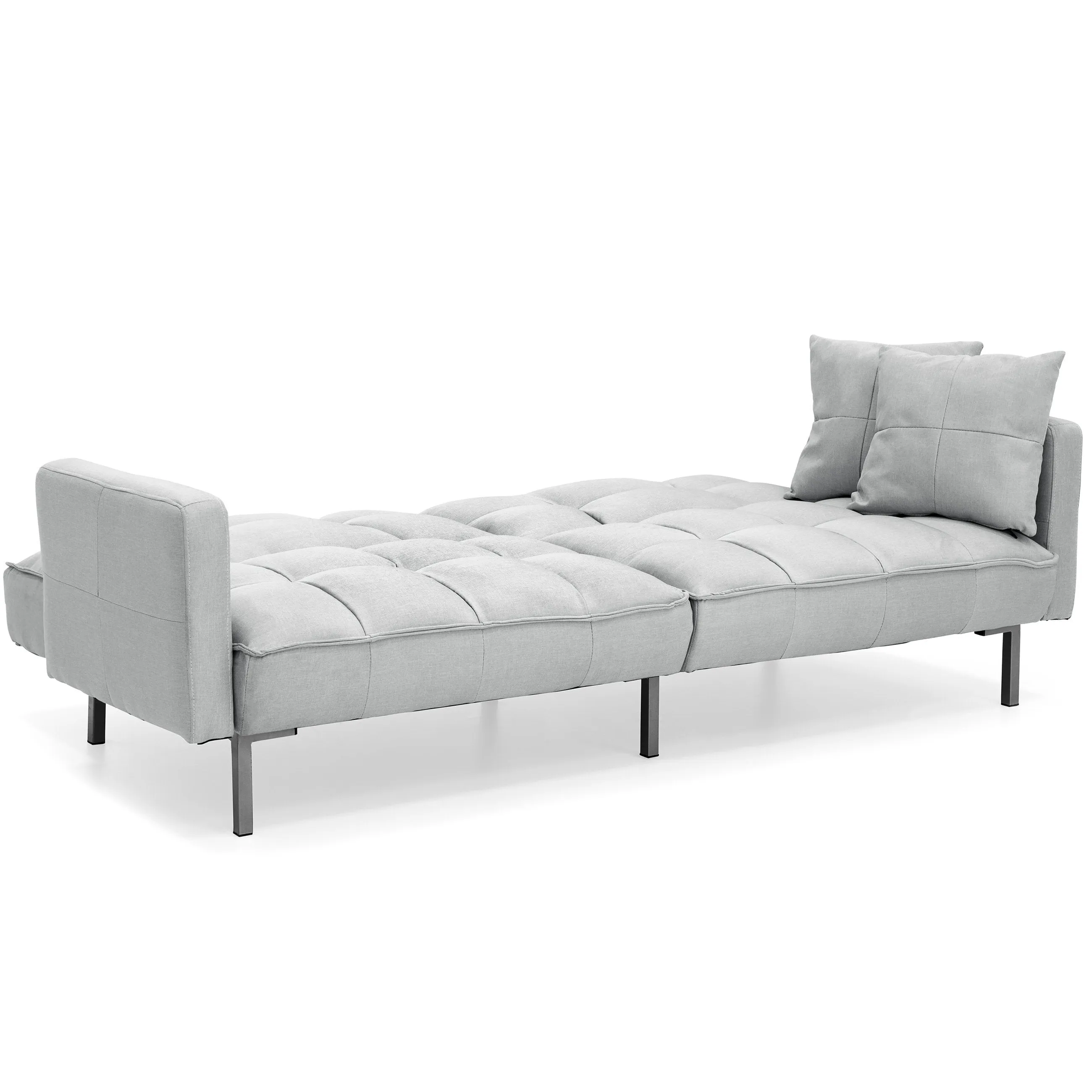 Convertible Linen Tufted Futon w/ 2 Plush Pillows, Split-Back Design