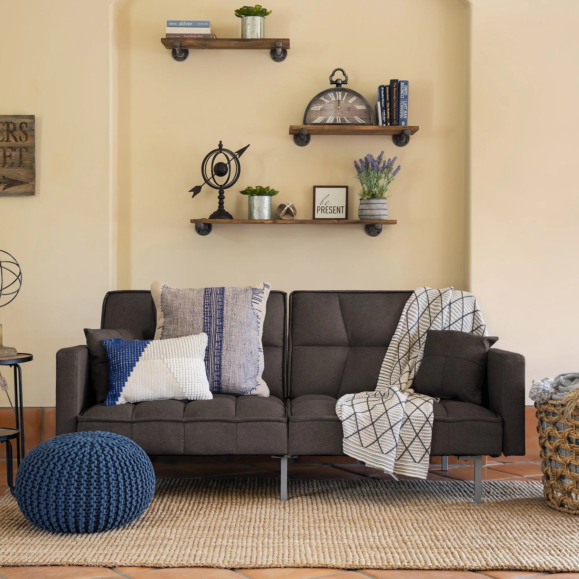 Convertible Linen Tufted Futon w/ 2 Plush Pillows, Split-Back Design