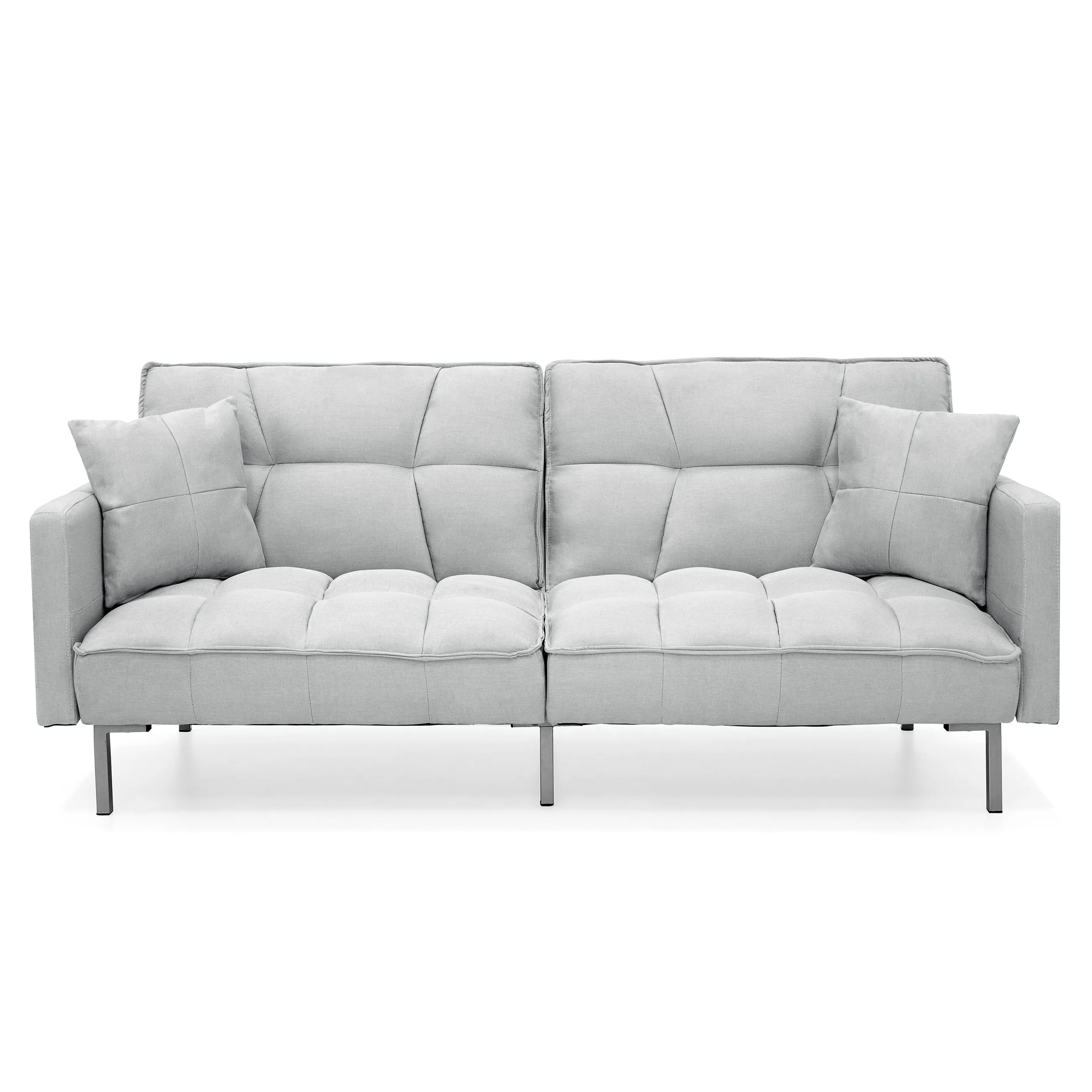 Convertible Linen Tufted Futon w/ 2 Plush Pillows, Split-Back Design