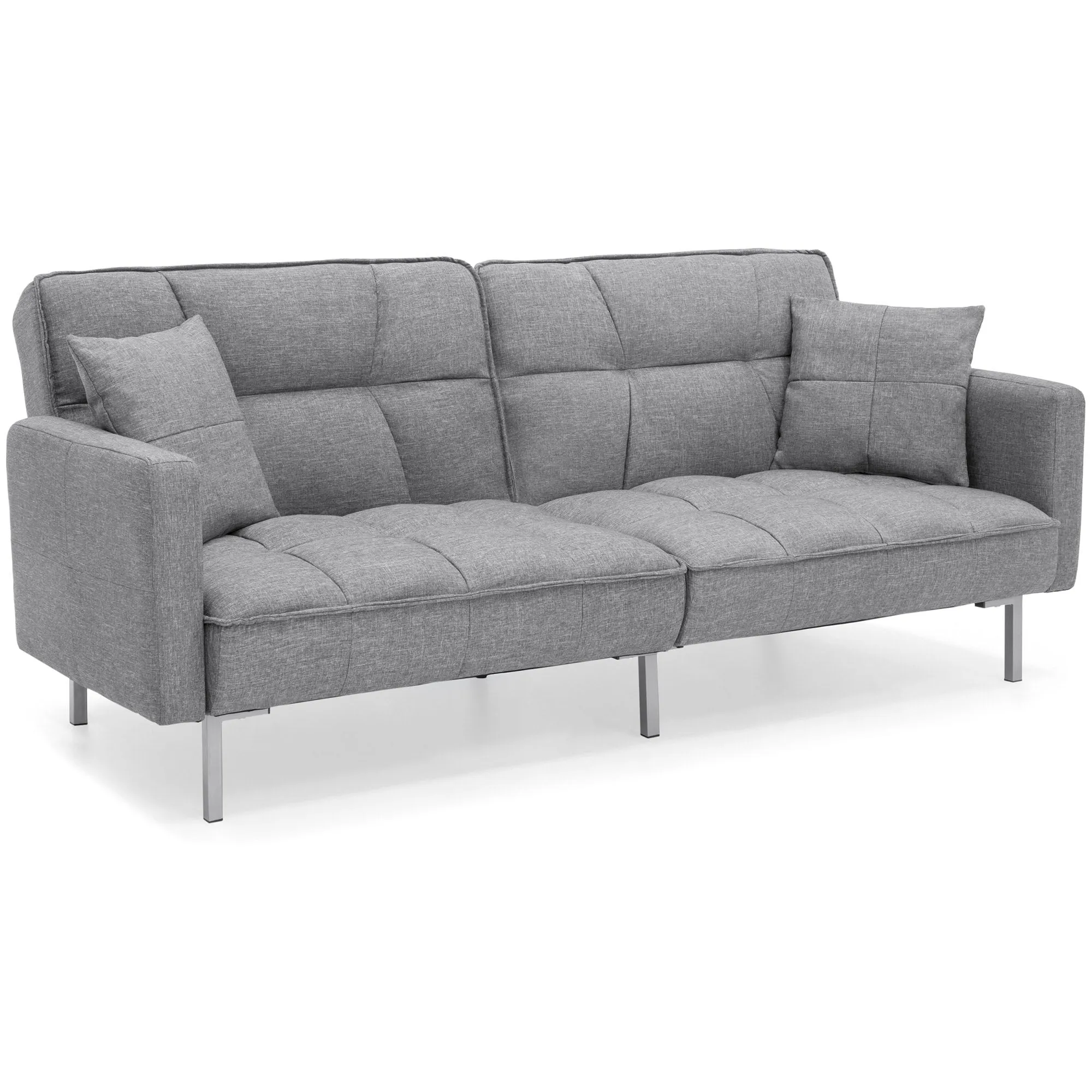 Convertible Linen Tufted Futon w/ 2 Plush Pillows, Split-Back Design