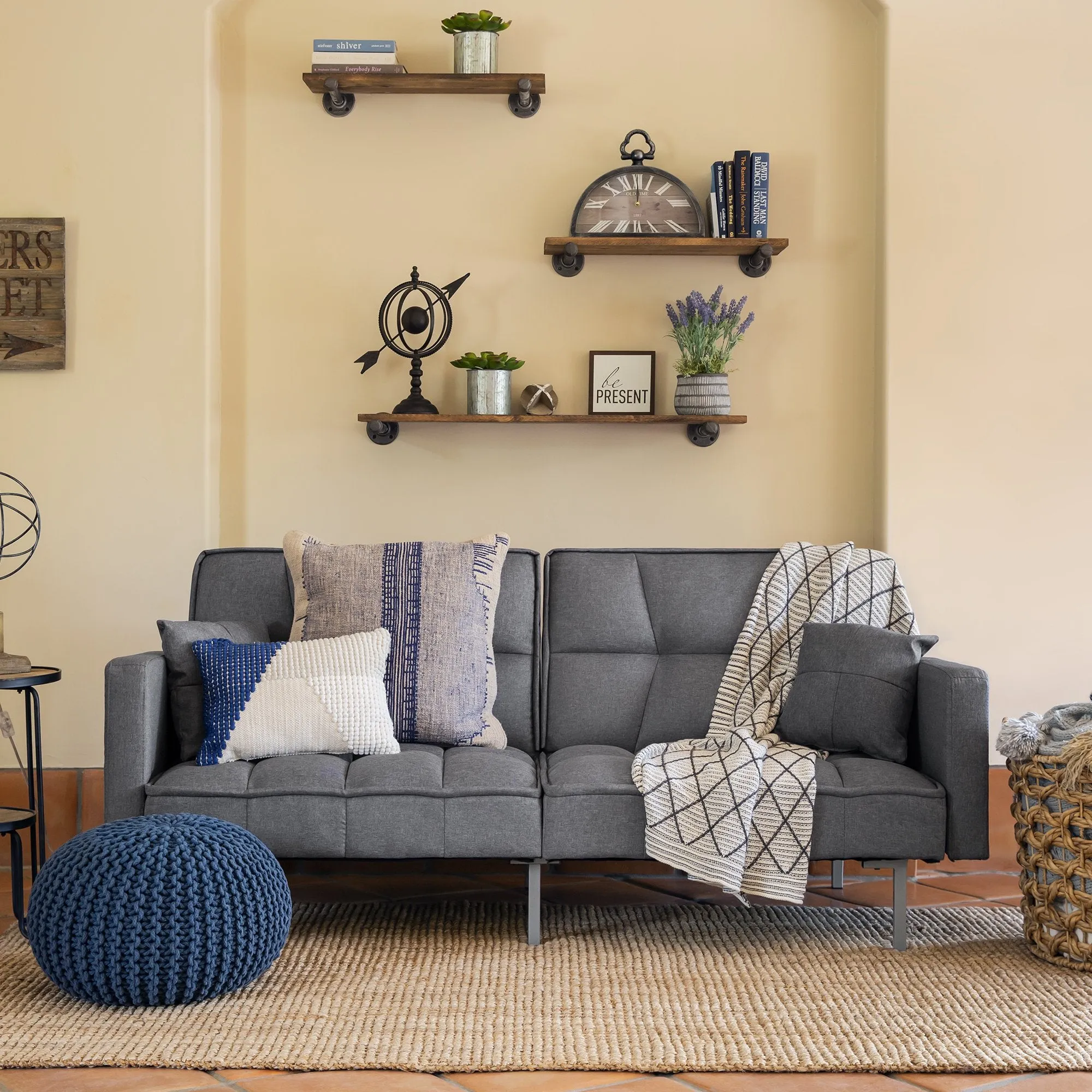 Convertible Linen Tufted Futon w/ 2 Plush Pillows, Split-Back Design