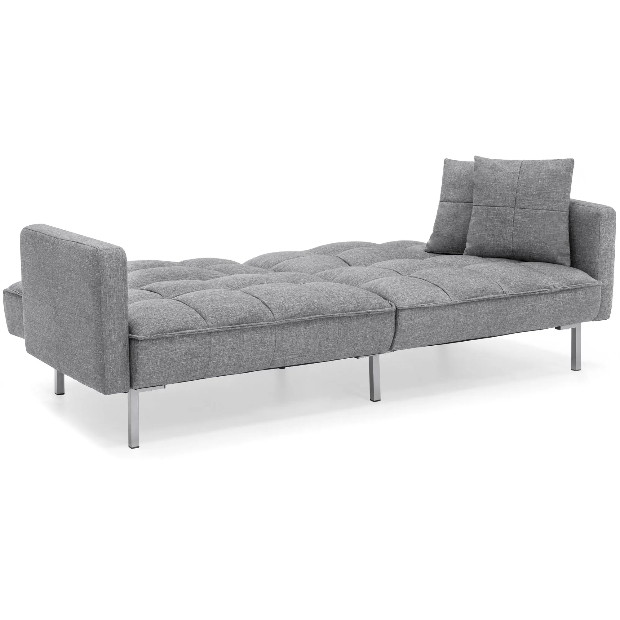 Convertible Linen Tufted Futon w/ 2 Plush Pillows, Split-Back Design