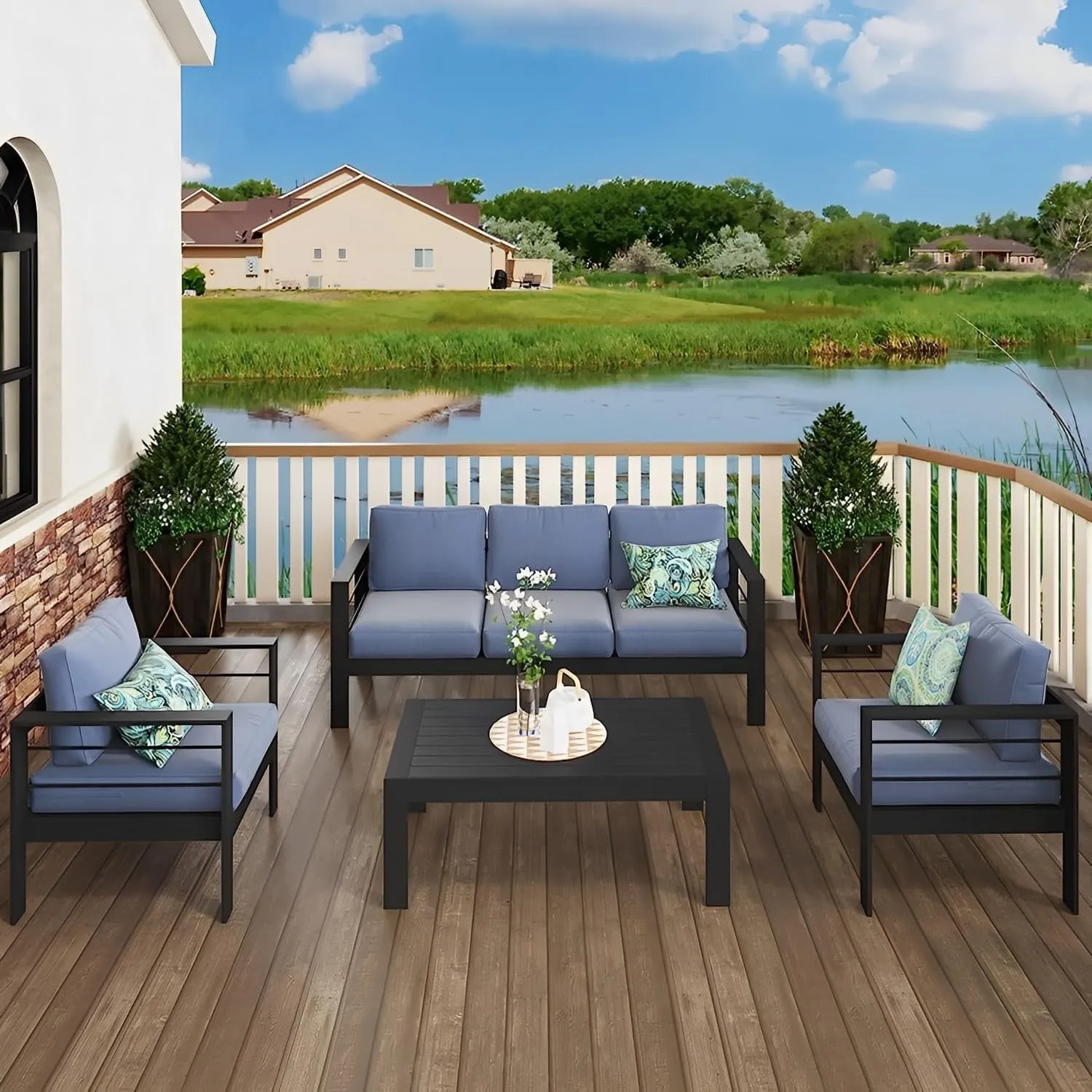 CozyHom 3 Seats Aluminum Outdoor Patio Sofa Furniture Sets, Outdoor Aluminum Sofa Metal Conversation Sofa With Cushions, Blue