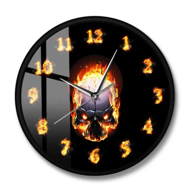 Demon Skull With Fire Burning Numbers Wall Clock