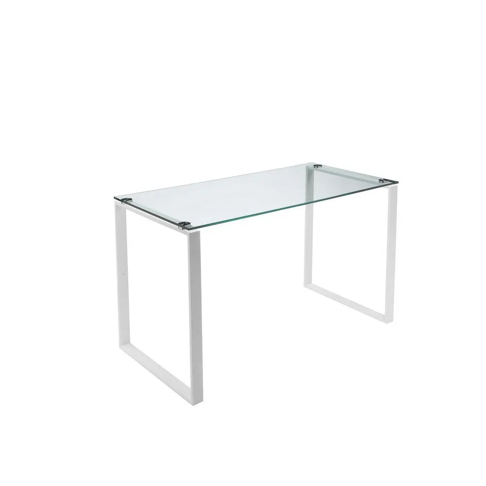 Elen 47 Inch Desk, Rectangular Tempered Glass, White Powder Coated Metal By Casagear Home
