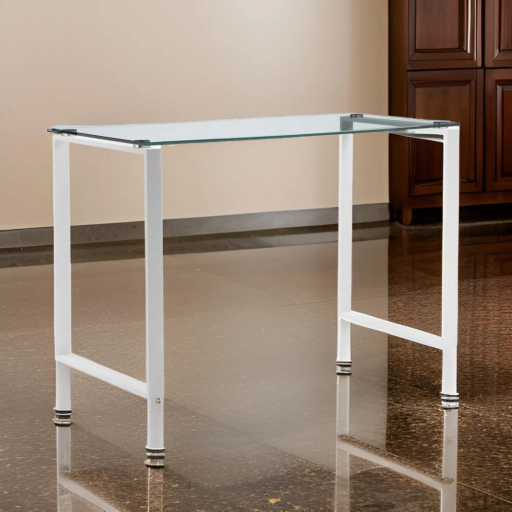 Elen 47 Inch Desk, Rectangular Tempered Glass, White Powder Coated Metal By Casagear Home