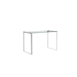 Elen 47 Inch Desk, Rectangular Tempered Glass, White Powder Coated Metal By Casagear Home
