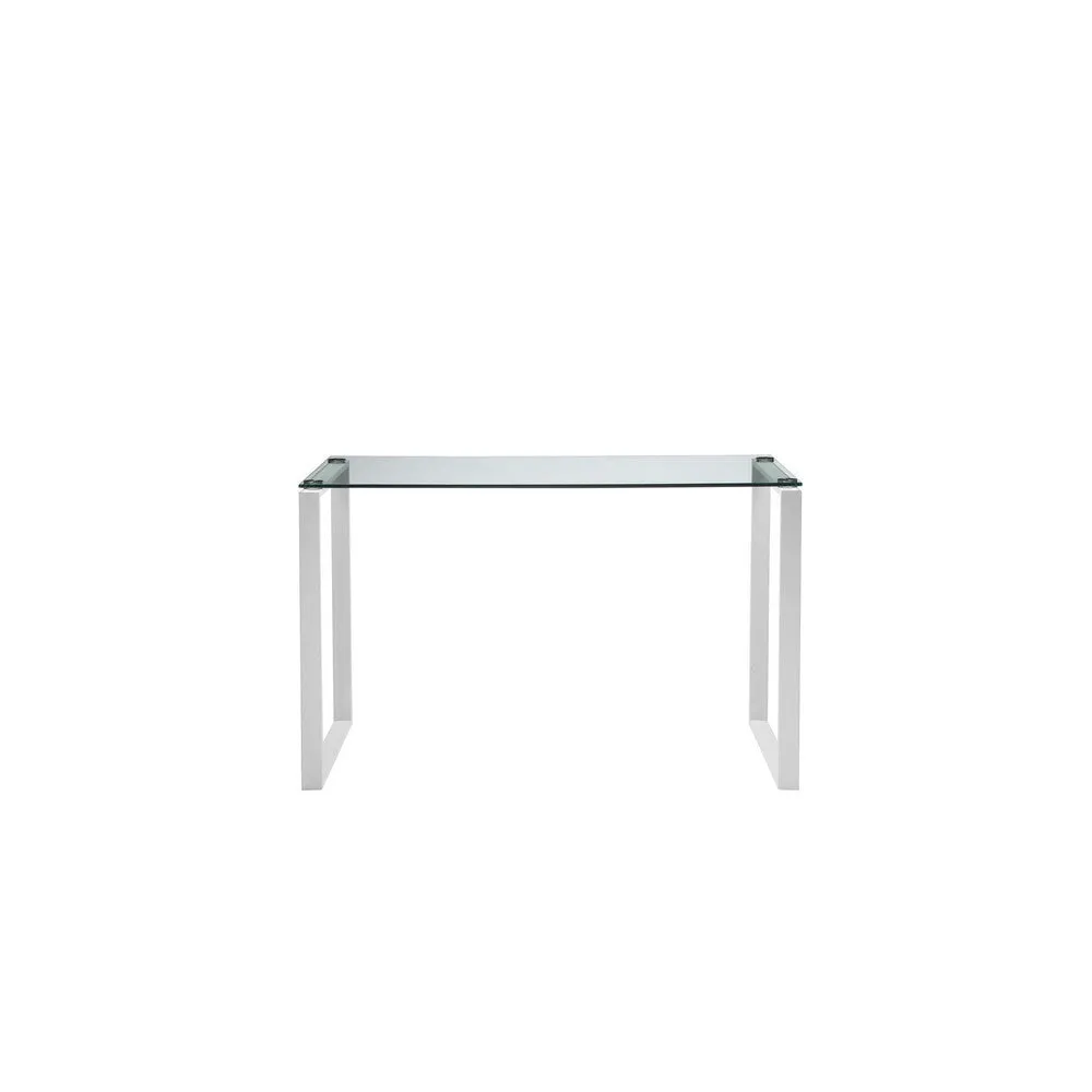 Elen 47 Inch Desk, Rectangular Tempered Glass, White Powder Coated Metal By Casagear Home