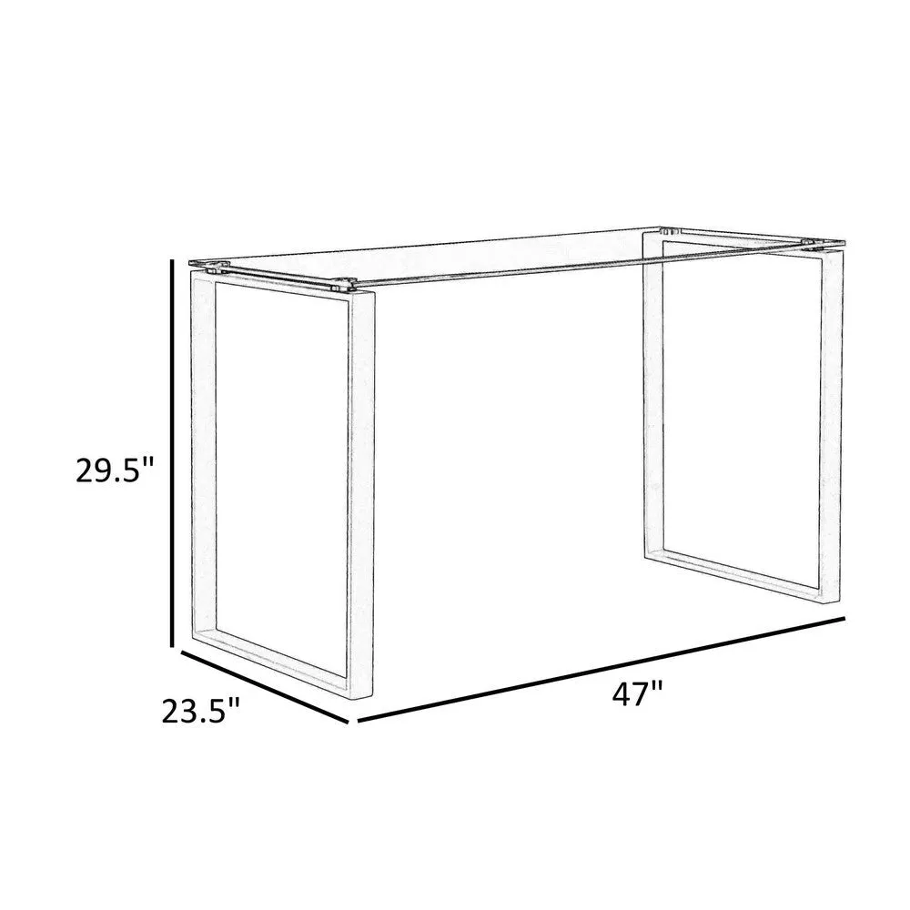 Elen 47 Inch Desk, Rectangular Tempered Glass, White Powder Coated Metal By Casagear Home
