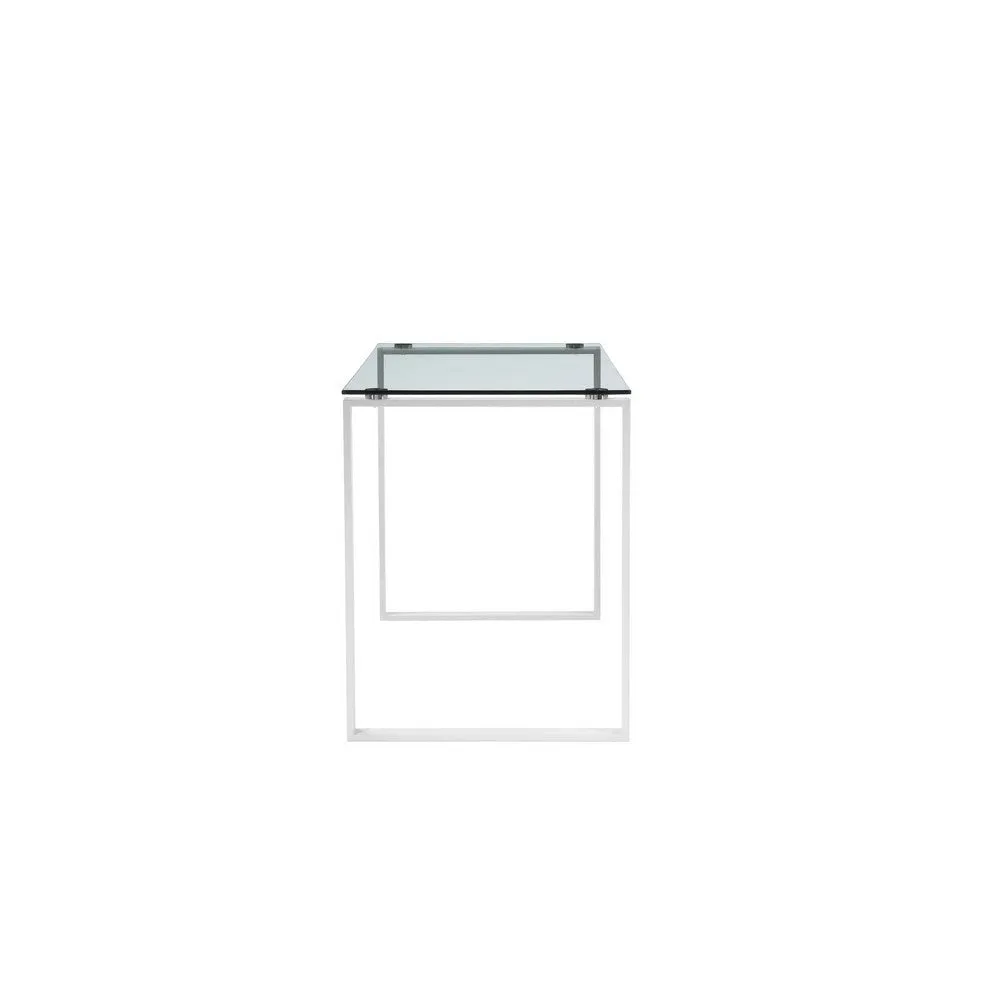 Elen 47 Inch Desk, Rectangular Tempered Glass, White Powder Coated Metal By Casagear Home