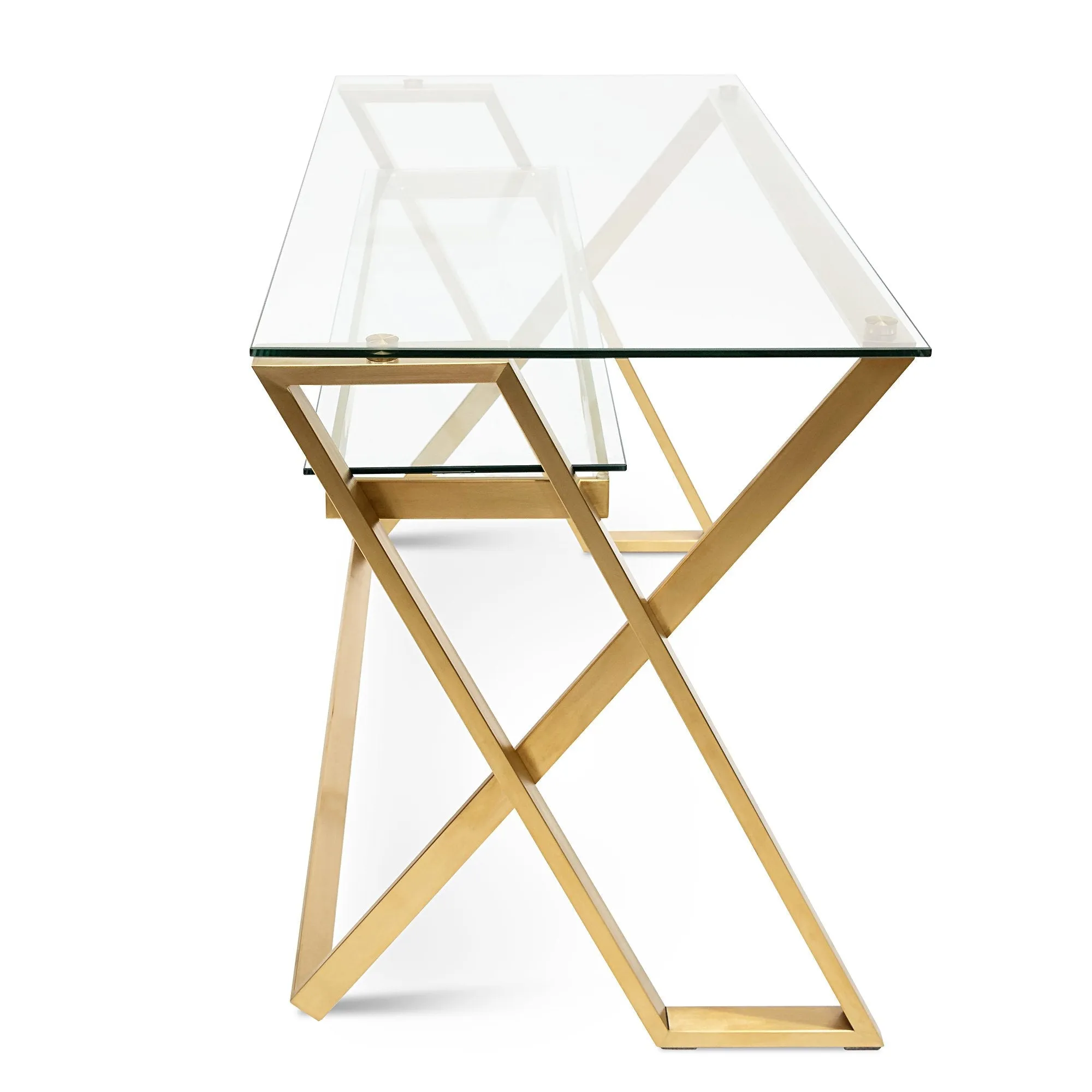 Ex Display - Vanessa 120cm Glass Home Office Desk - Brushed Gold Base