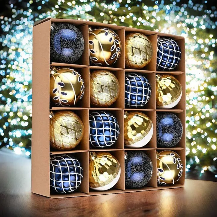 Festive Gold and Frosted Blue Assorted Ornament Bauble Set