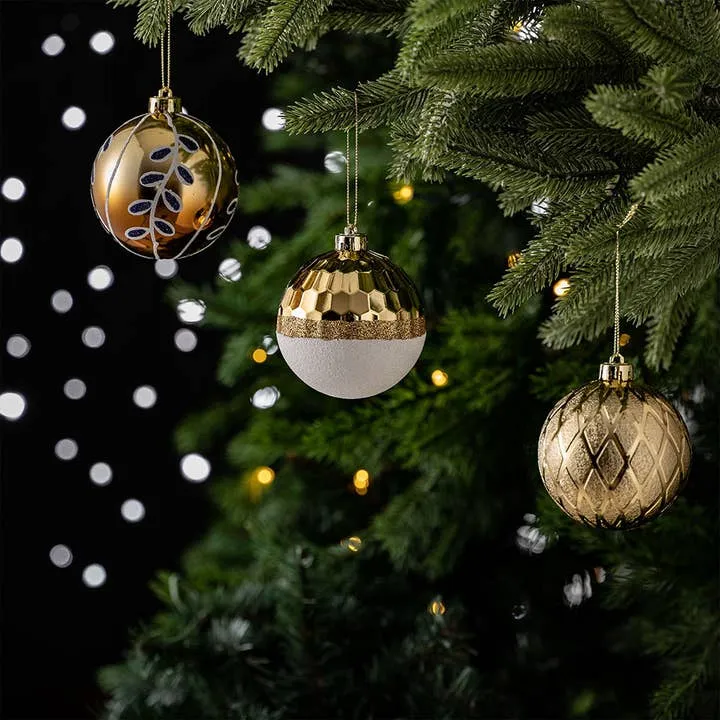 Festive Gold and Frosted Blue Assorted Ornament Bauble Set