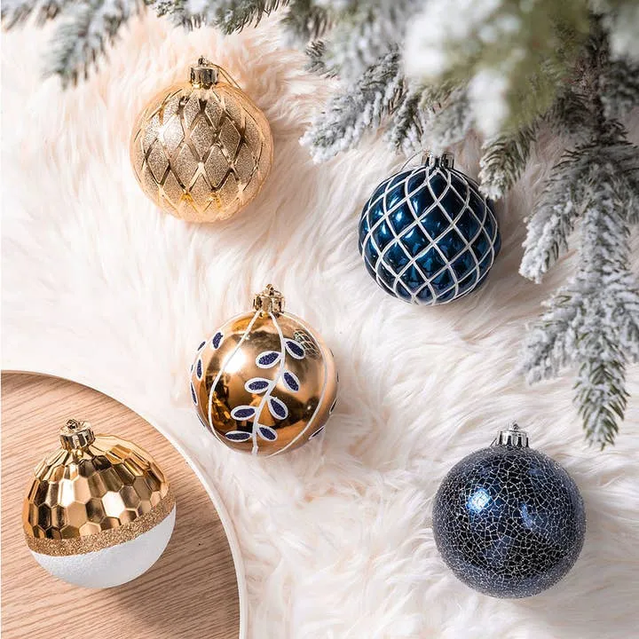 Festive Gold and Frosted Blue Assorted Ornament Bauble Set