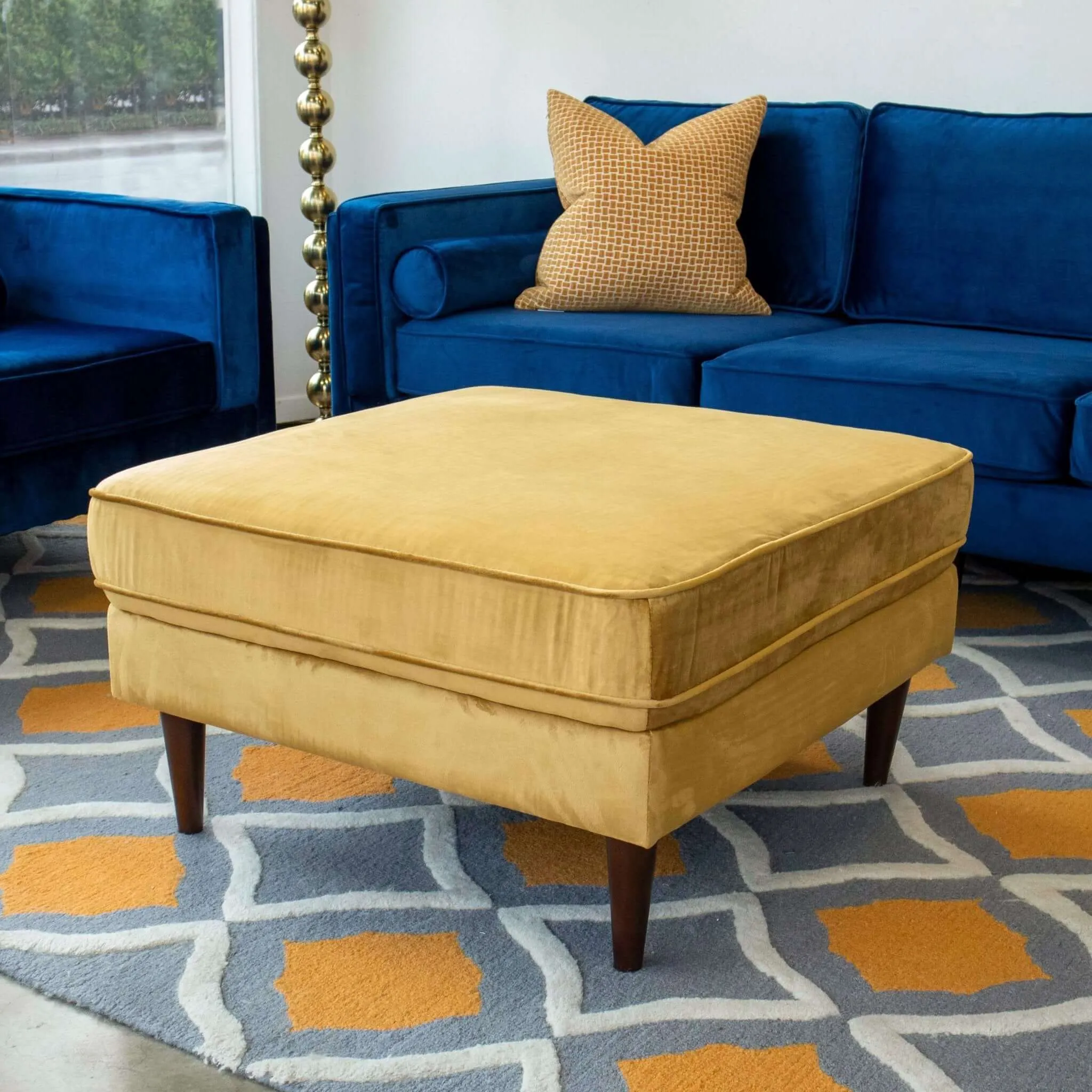 Fordham Teal Velvet Square Upholstered Ottoman