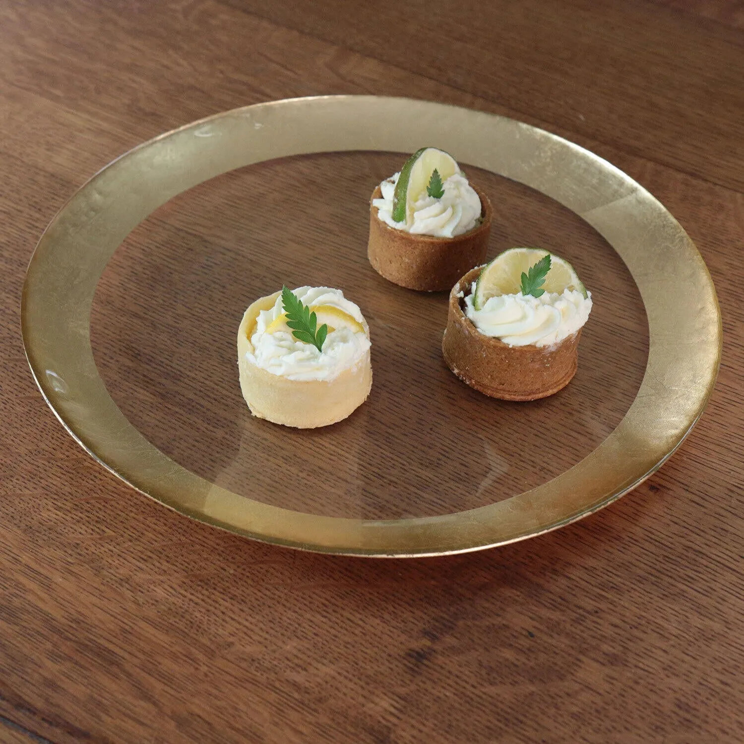 Glass New Orleans Large Round Platter |charger with Foil Leafing Rim (Clear & Gold)