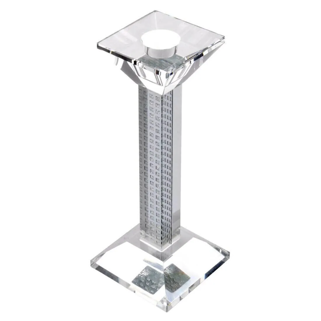 Glass Square Pillar Candle Holder  Silver Glitter Pattern