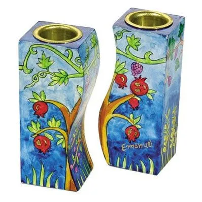 Hand Painted Wooden Fitted Shabbat Candlesticks Tree and Pomegranates by Yair Emanuel