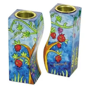 Hand Painted Wooden Fitted Shabbat Candlesticks Tree and Pomegranates by Yair Emanuel
