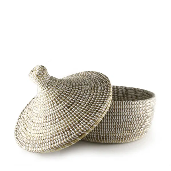 Hand Woven Lidded Tajine Basket – White